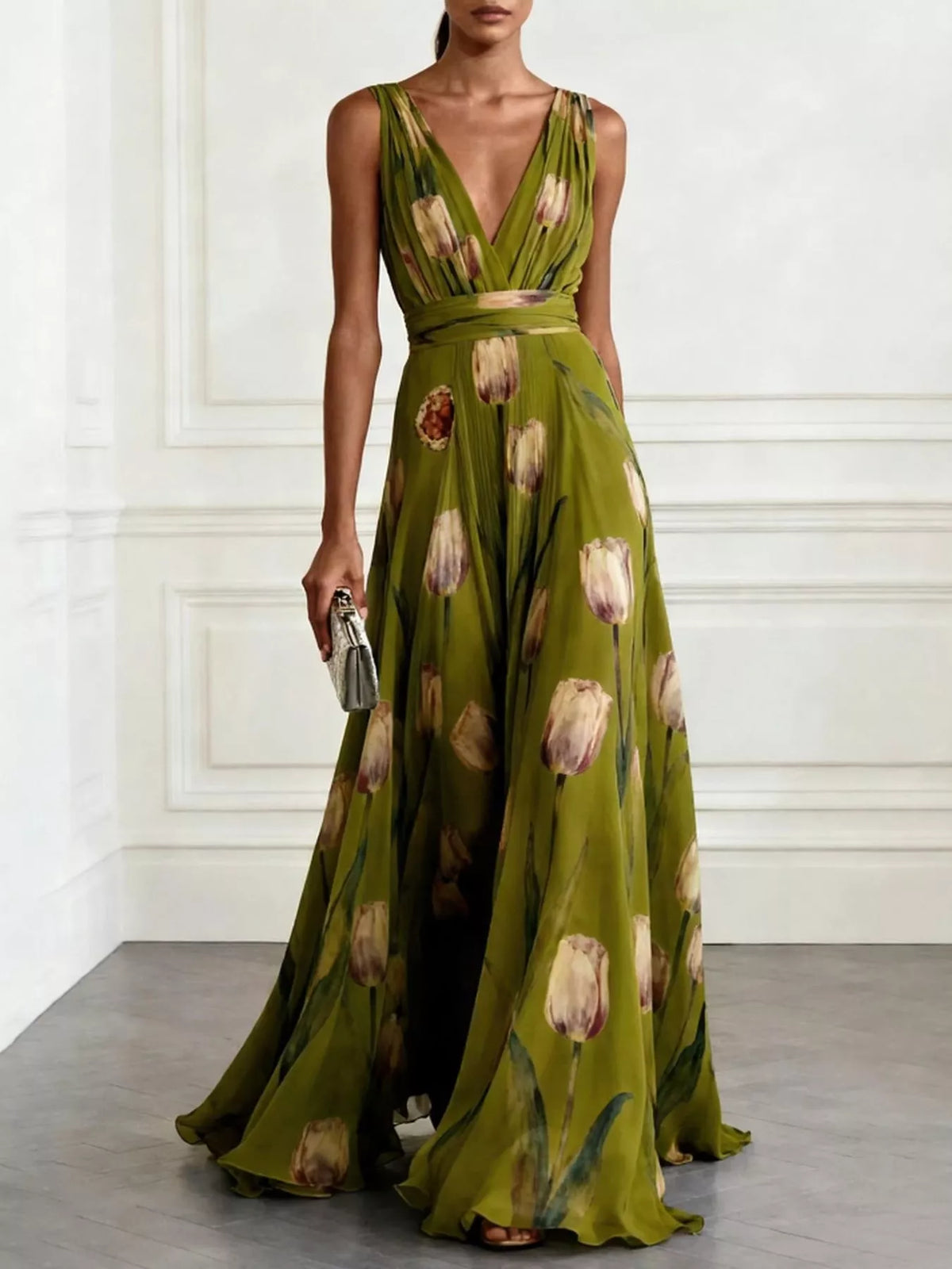 Sleeveless V-Neck Floral Maxi Dress in Green by Belle Bijouix – view 5 of 37