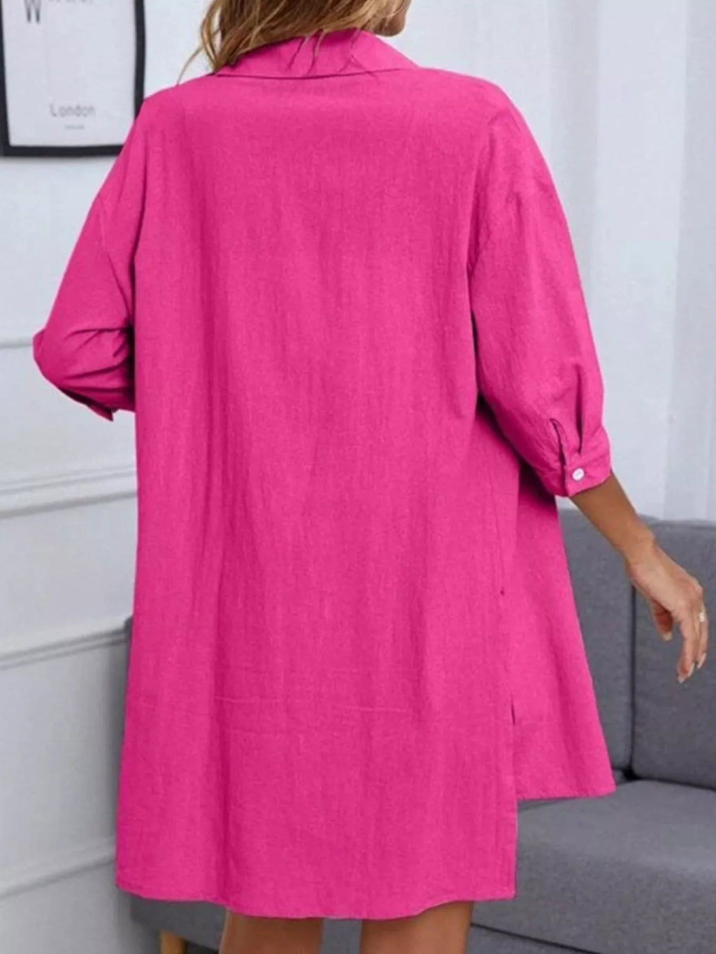 Button-down shirt & shorts set in bright pink, back view of oversized shirt with rolled sleeves by Trendsi