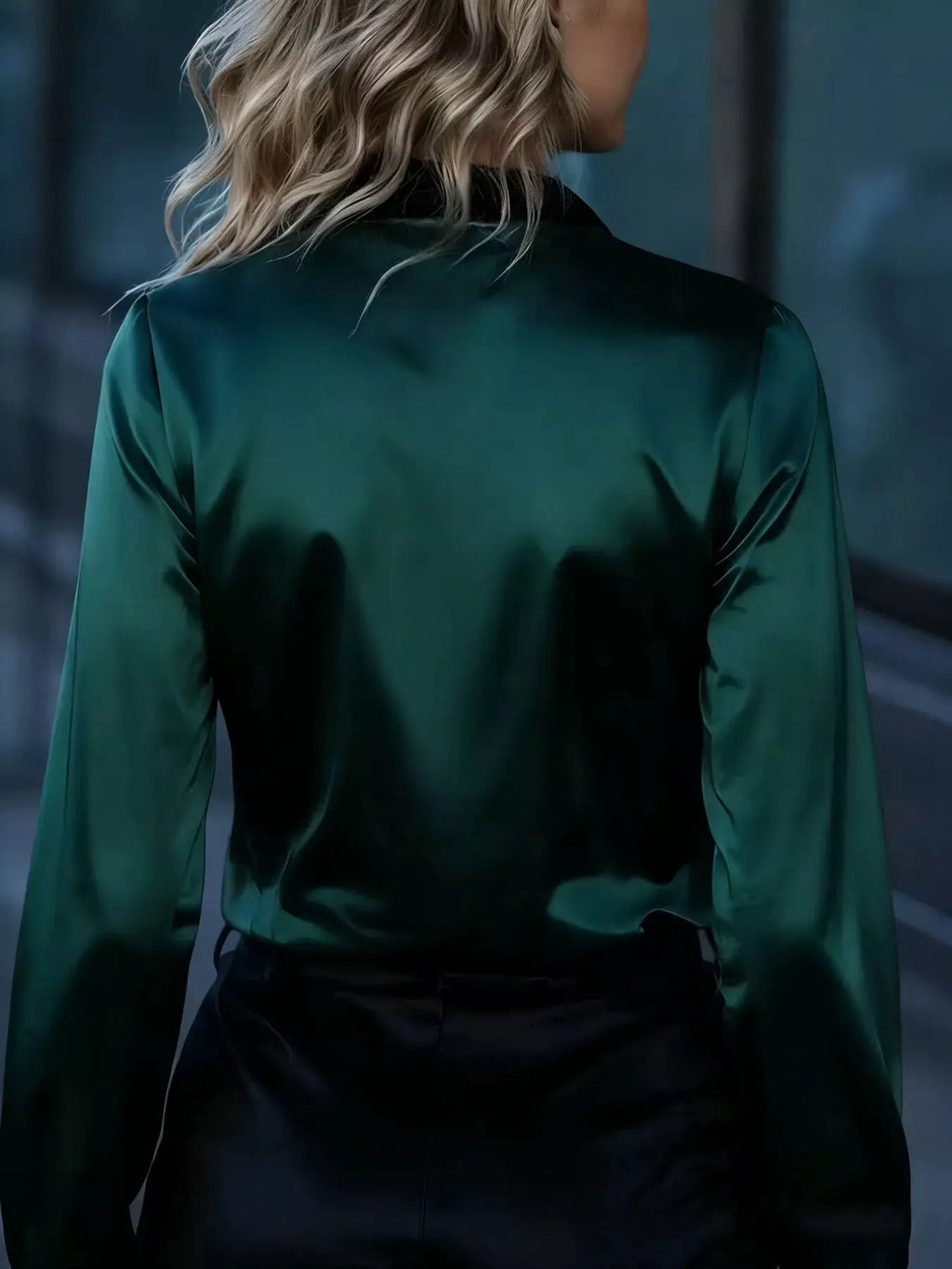 Button Up Long Sleeve Shirt in emerald green satin, back view.