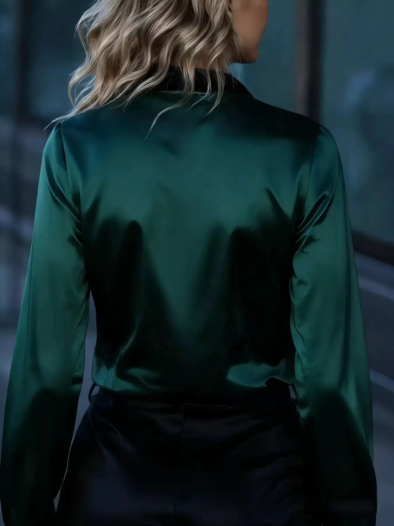 Button Up Long Sleeve Shirt in emerald green satin, back view.