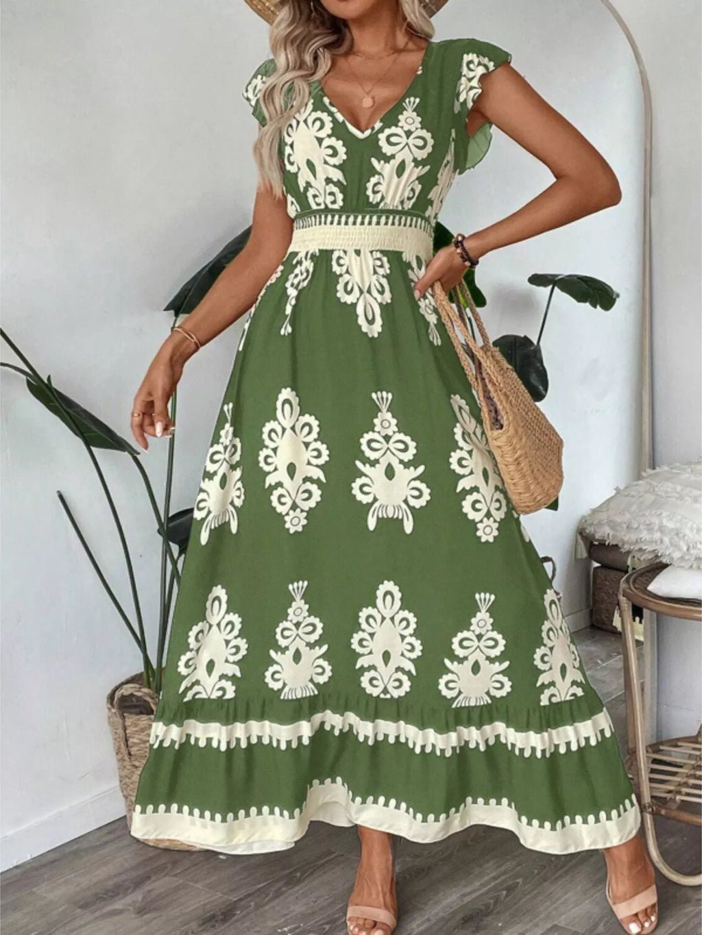 Printed V-Neck Ruffled Cap Sleeve Dress by Belle Bijouix, green with white ornate motif and smocked waist