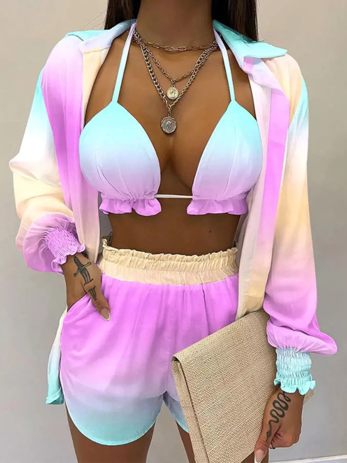 Trendsi plus-size 3-piece pastel gradient halter-neck cami set with matching jacket and shorts