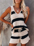 Striped knit tank top and shorts set in beige and black; V-neck, drawstring waist.