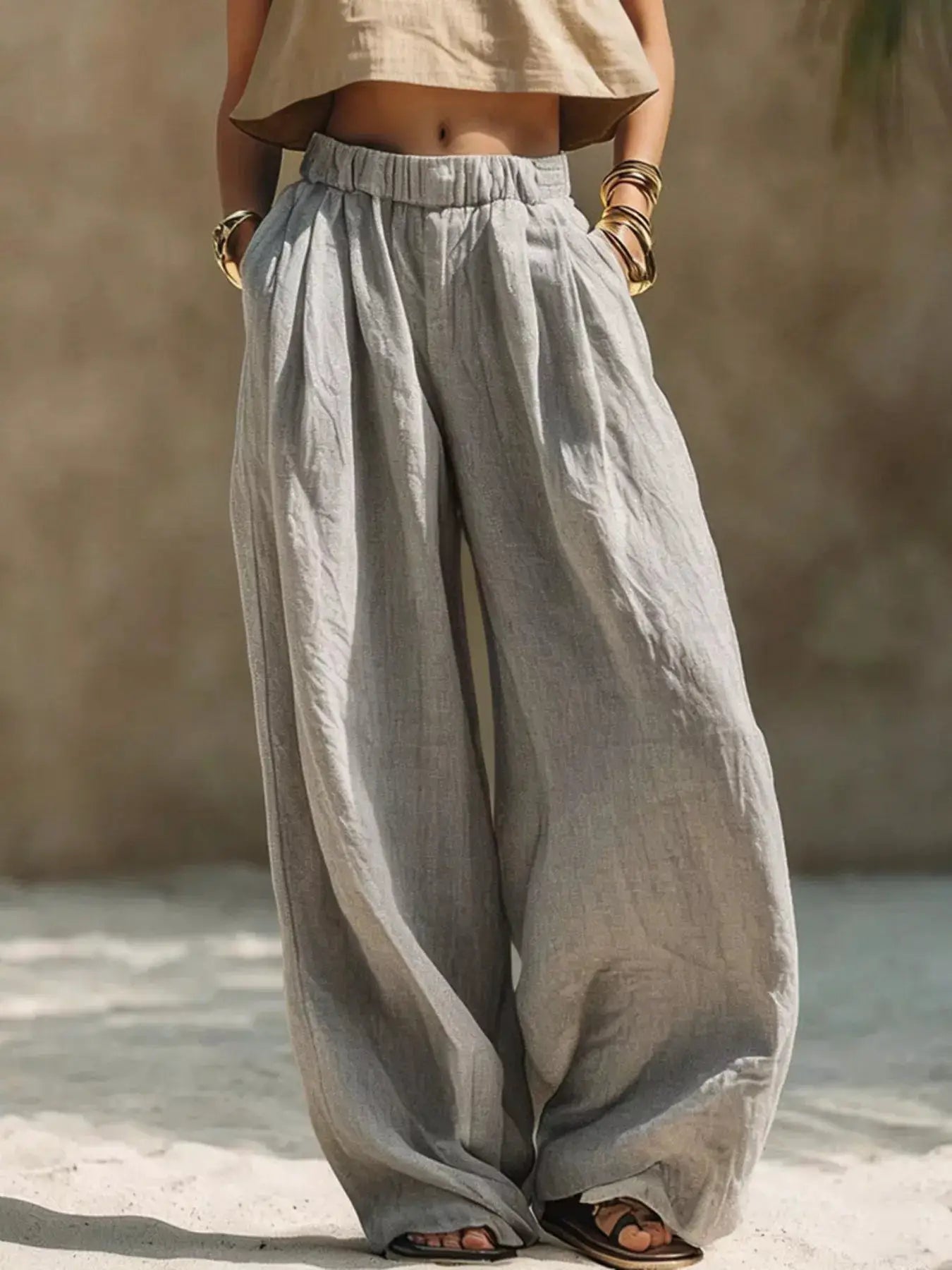 Full Size Elastic Waistband Wide Leg Pants in light gray linen-like fabric, plus size