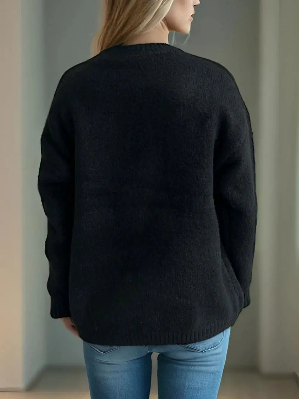 Cherry Round Neck Long Sleeve Sweater in black knit by Belle Bijouix TOPS