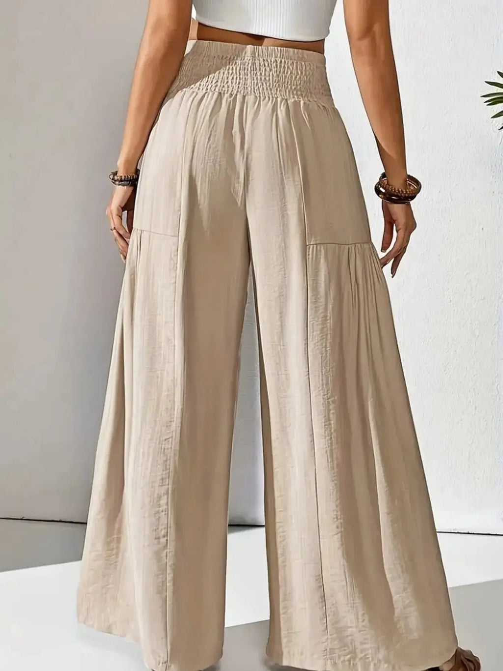 Belle Bijouix Smocked Waist Wide Leg Pants, beige trousers with pockets