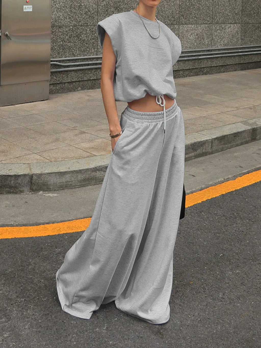 Round Neck Top and Wide-Leg Pants 2-Piece Grey Belle Bijouix activewear set