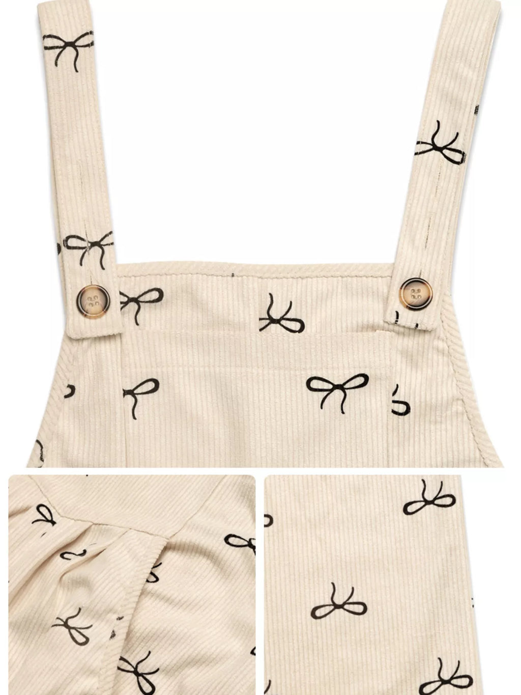 Belle Bijouix Bow Wide Leg Corduroy Overalls in beige with black bow print and pockets