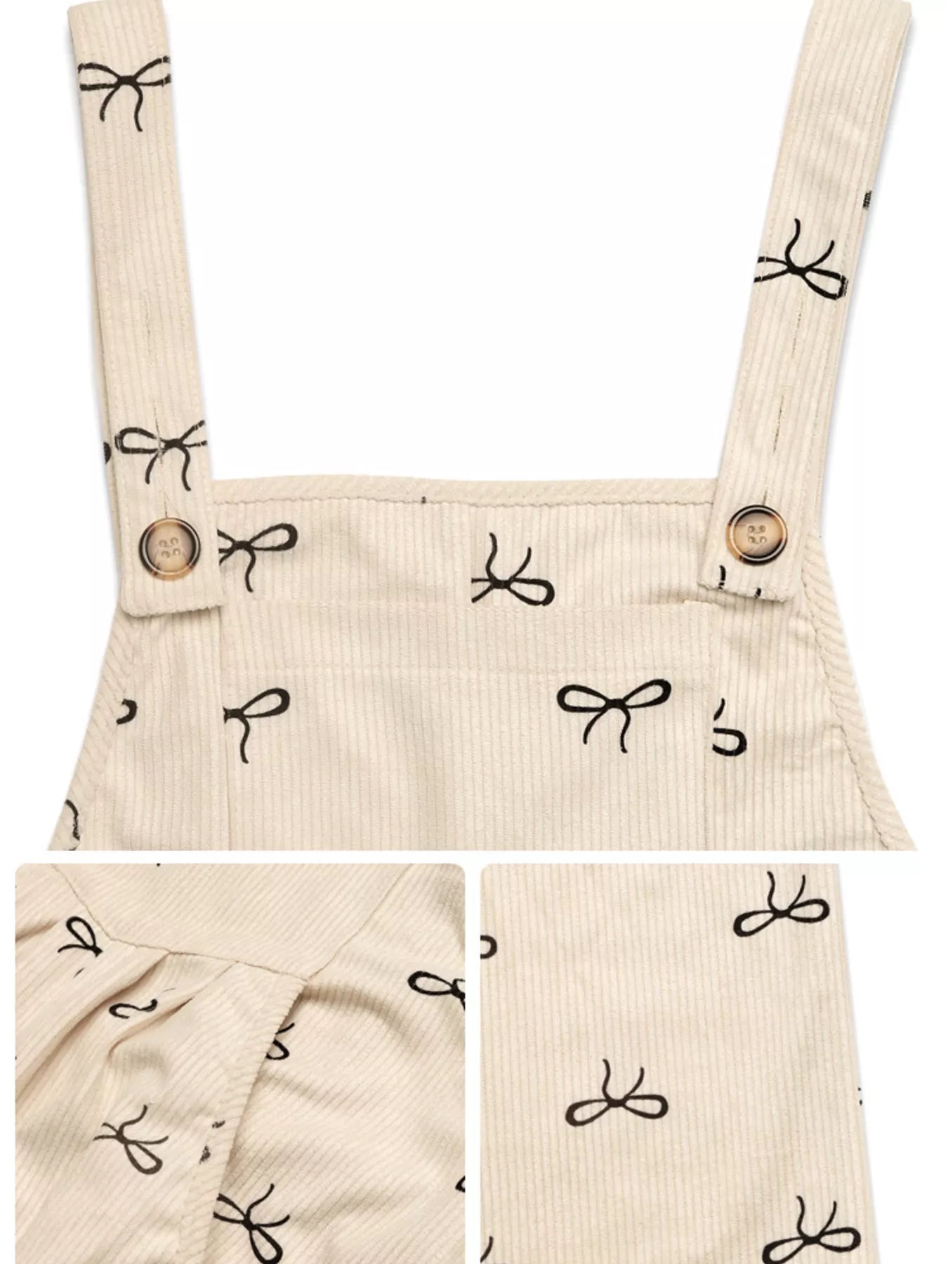 Belle Bijouix Bow Wide Leg Corduroy Overalls in beige with black bow print and pockets