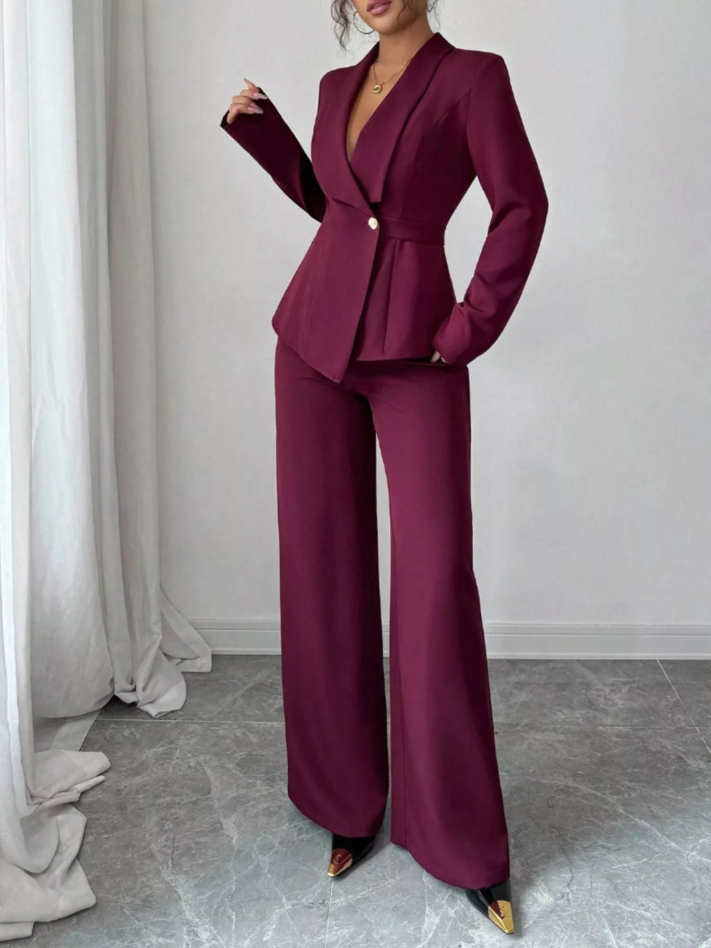 One Button Blazer and Pants Set by Belle Bijouix, plum burgundy pant suit with a single-button blazer