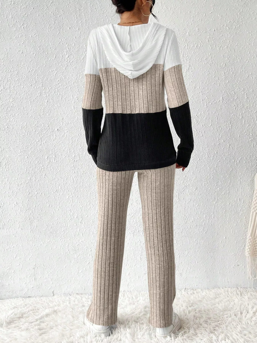 Color Block Half Zip Hooded Top and Pants Set; beige, white and black ribbed knit loungewear.