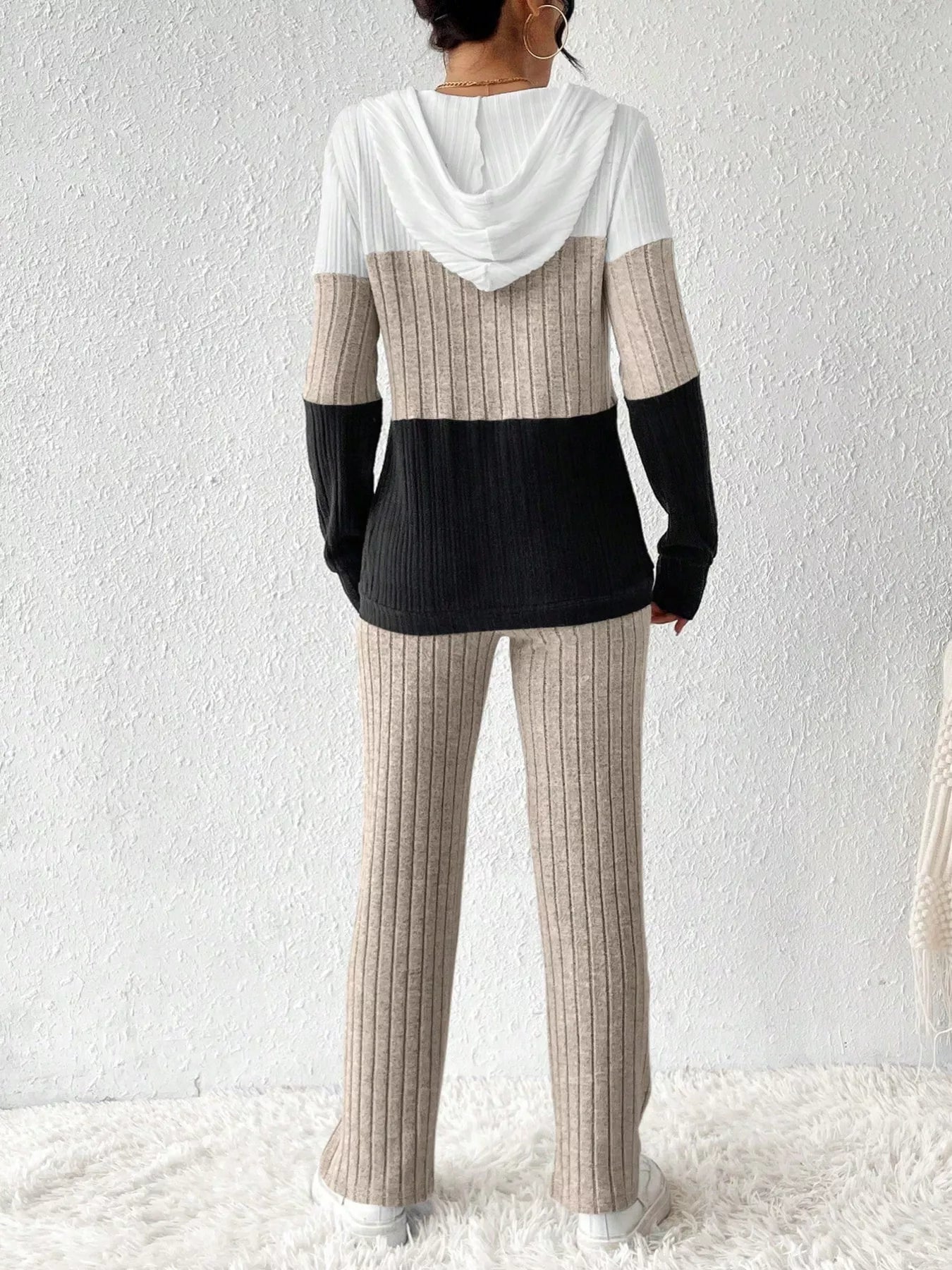 Color Block Half Zip Hooded Top and Pants Set; beige, white and black ribbed knit loungewear.