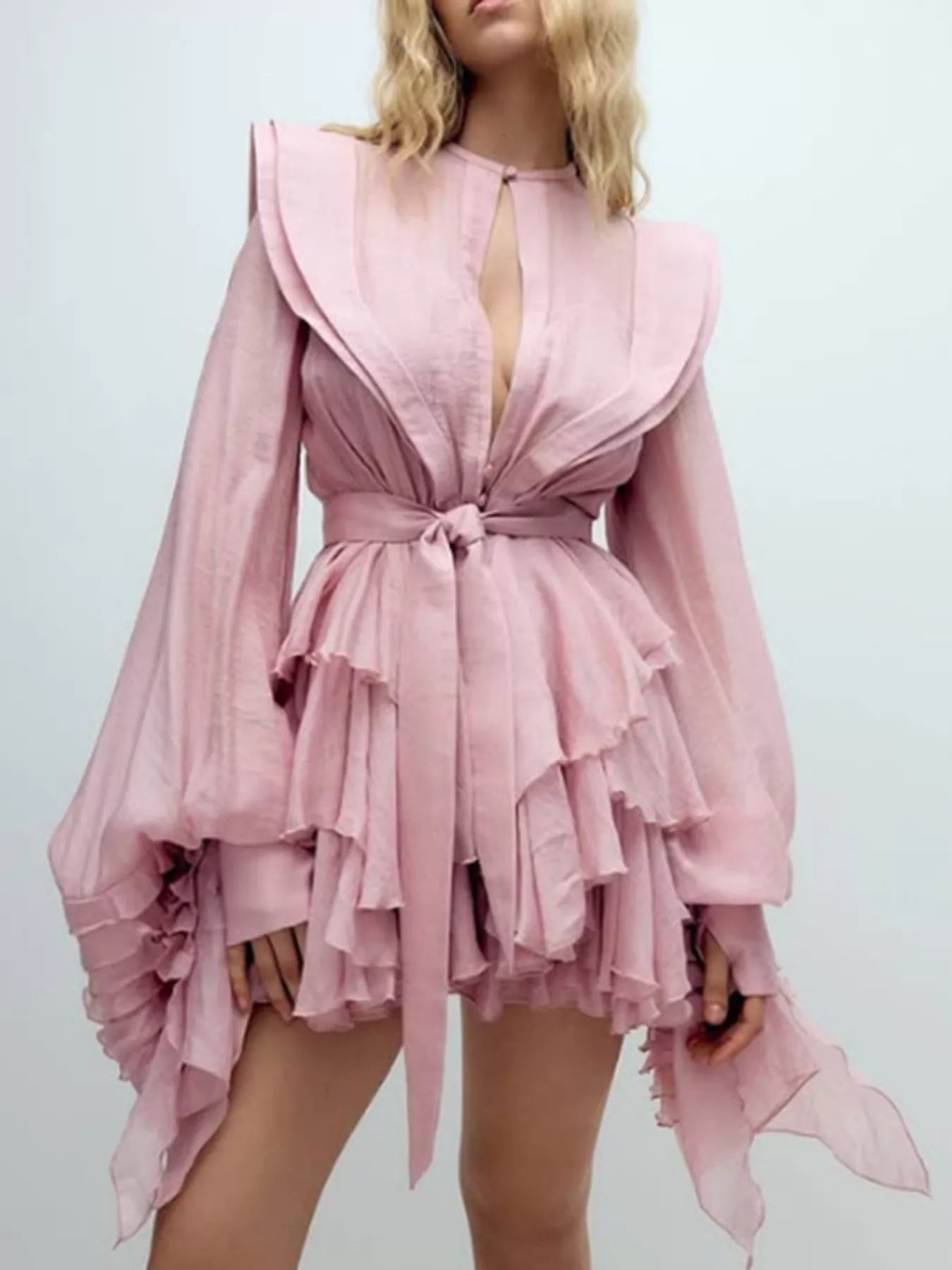 Ruffled Long Sleeve Mini Dress in pink with tiered layers and belted waist.
