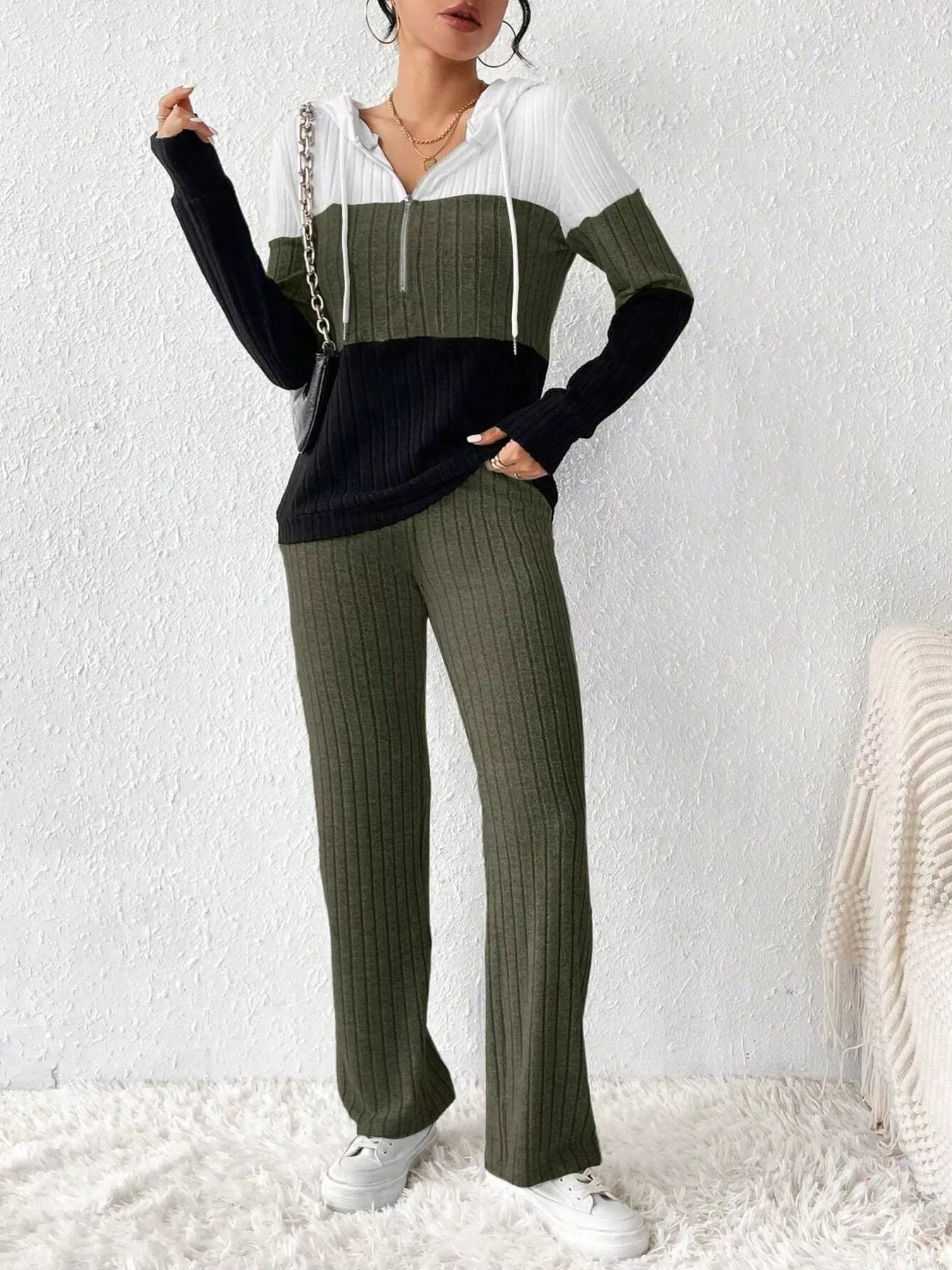 Color Block Half Zip Hooded Top and Pants Set in white, olive and black ribbed knit loungewear