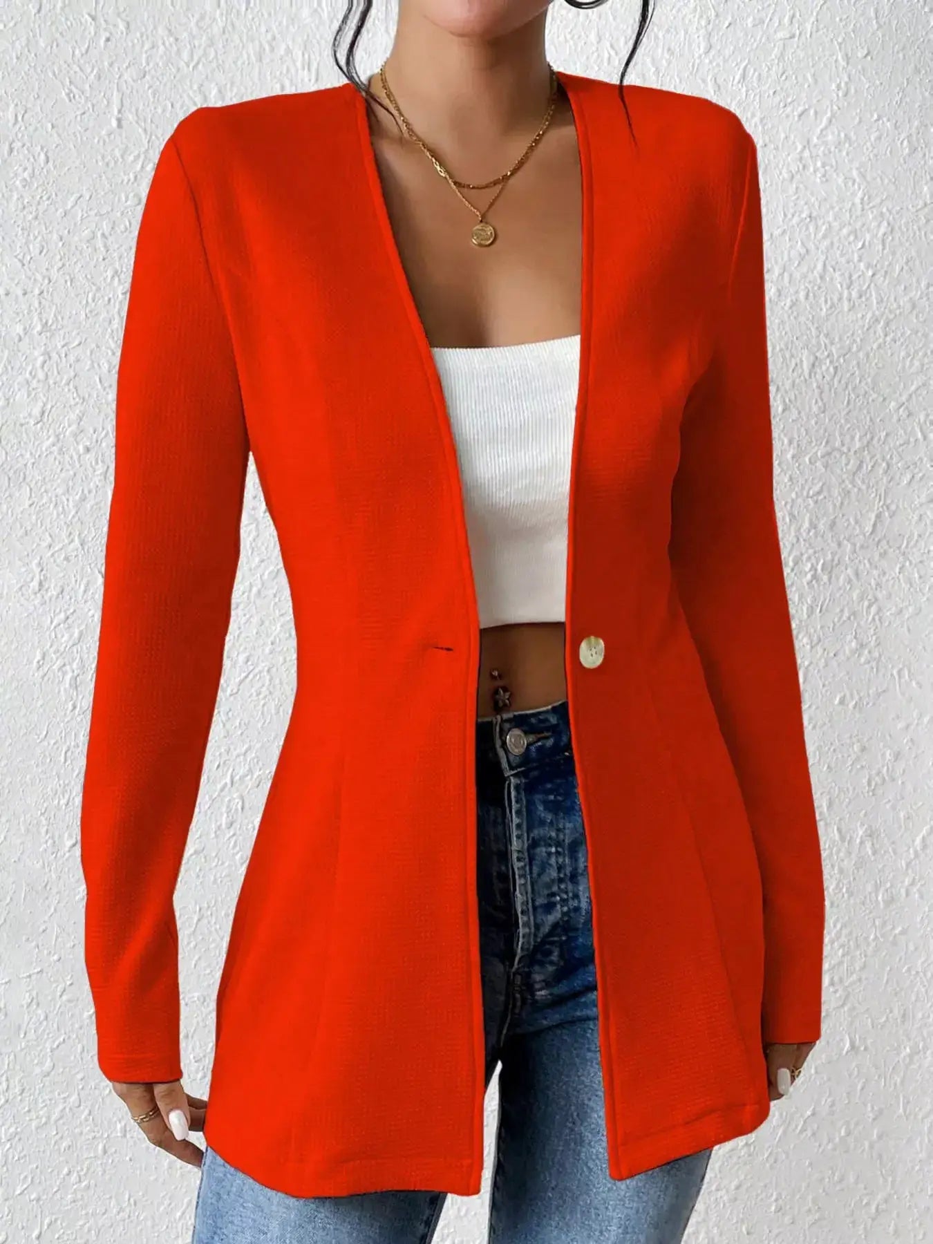 Single-Button Long Sleeve Blazer by Belle Bijouix in bright orange, open-front design.