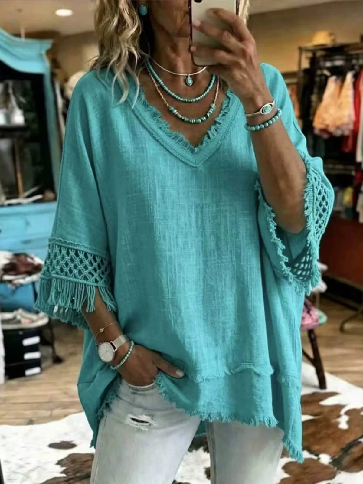 Fringe Trim V-Neck Loose Fit Blouse
