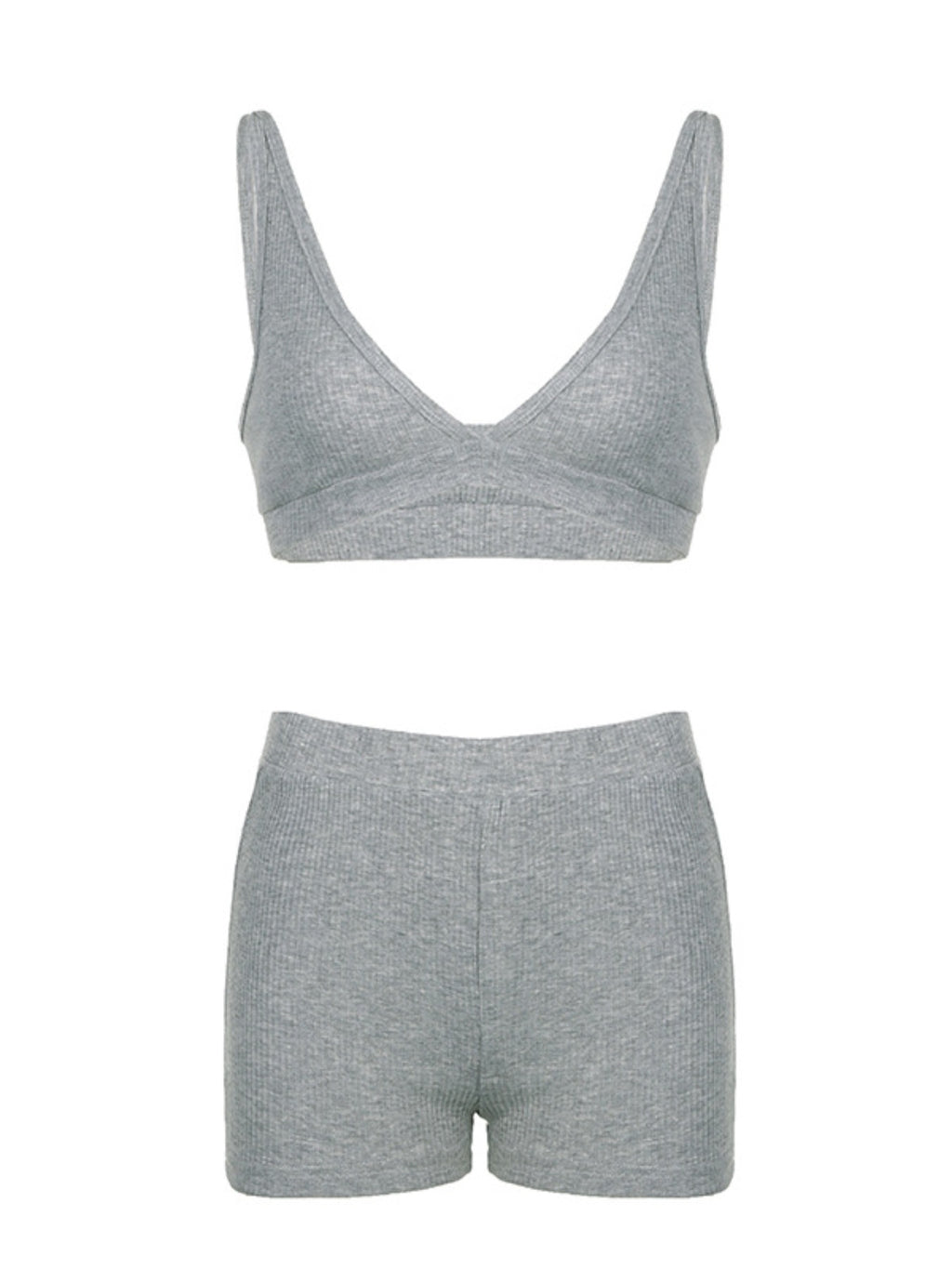 Ribbed-knit top and shorts set in grey heather for activewear, two-piece.
