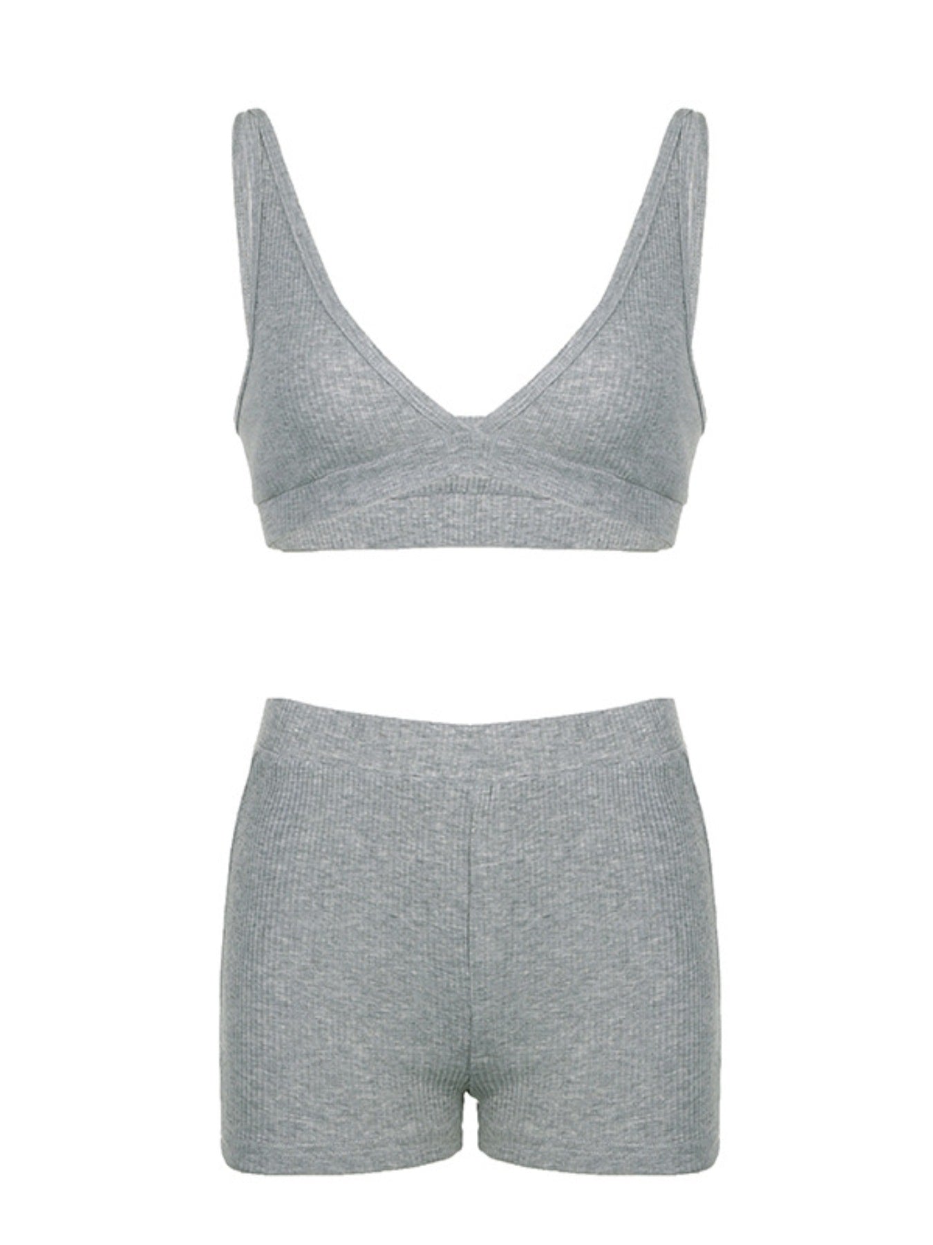 Ribbed-knit top and shorts set in grey heather for activewear, two-piece.