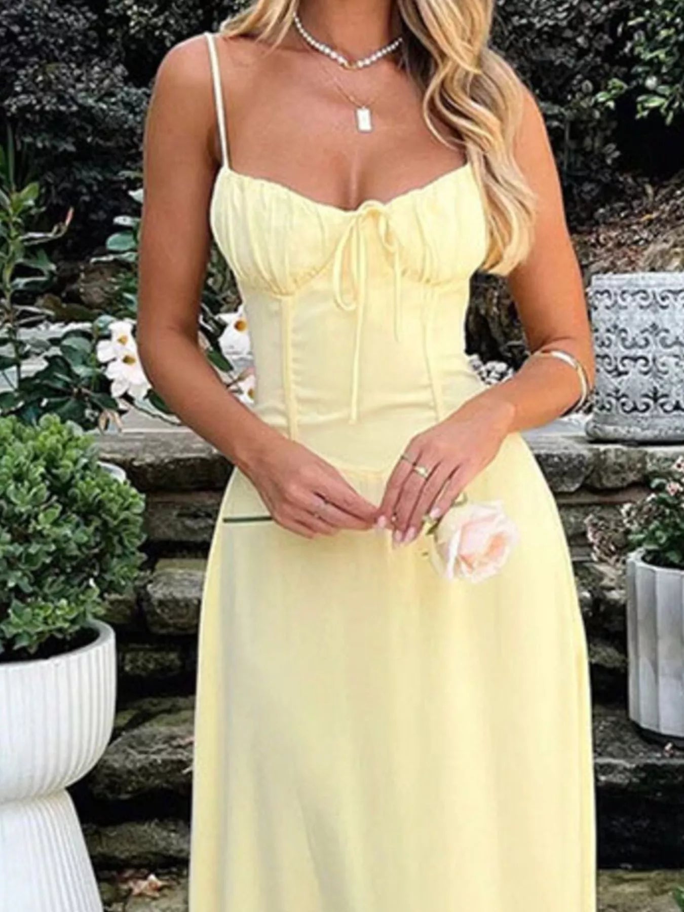 Tie Front Spaghetti Strap Maxi Dress in soft yellow with front tie detail