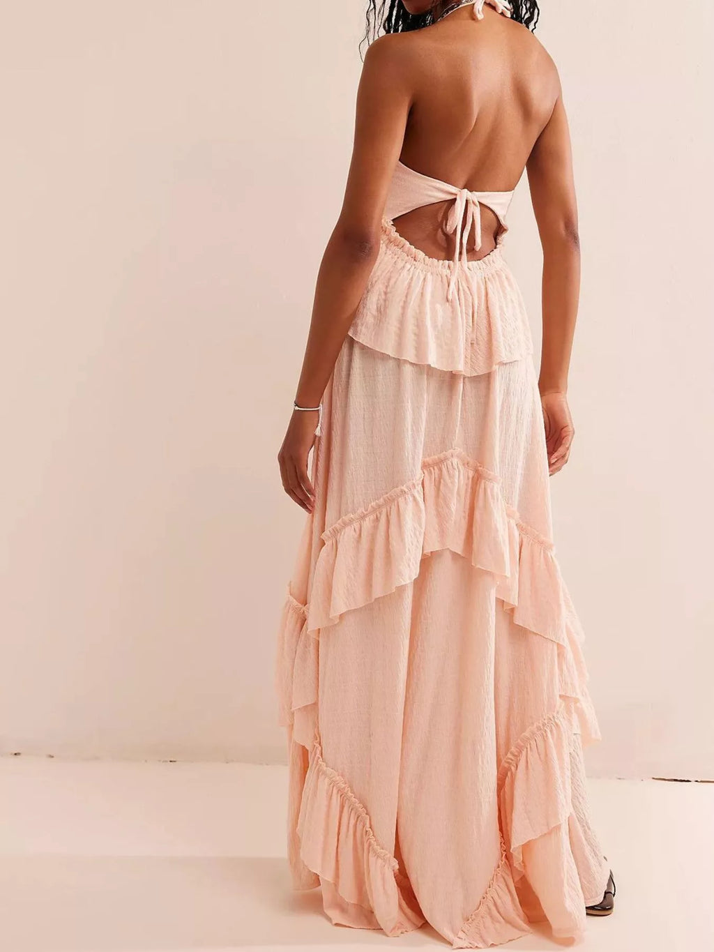 Ruffled Halter Neck Maxi Dress in blush peach with back-tie and tiered ruffles