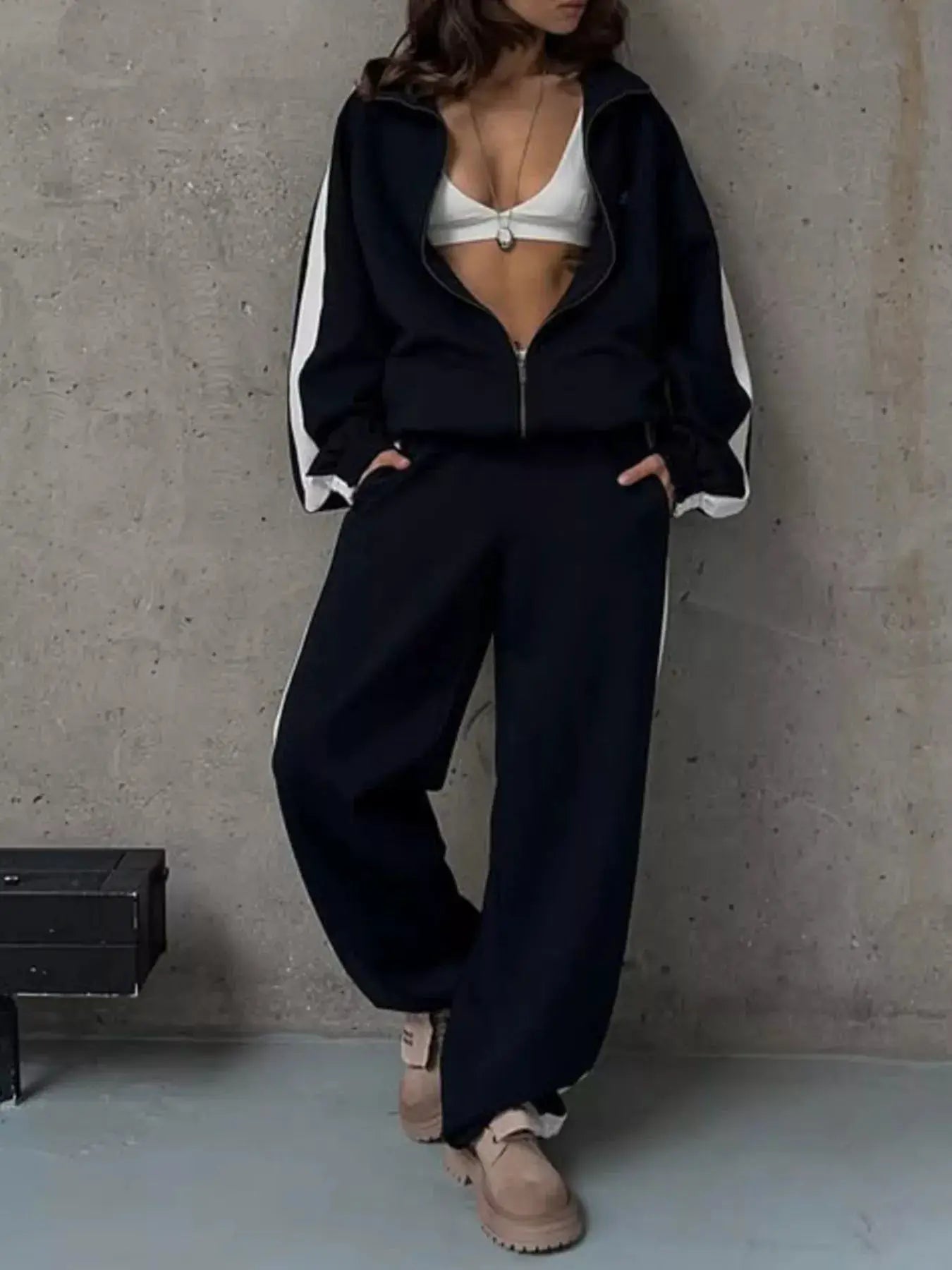 Two-Piece Zip Up Long Sleeve Outerwear And Pants Set black jacket with white stripe sleeves and matching black pants