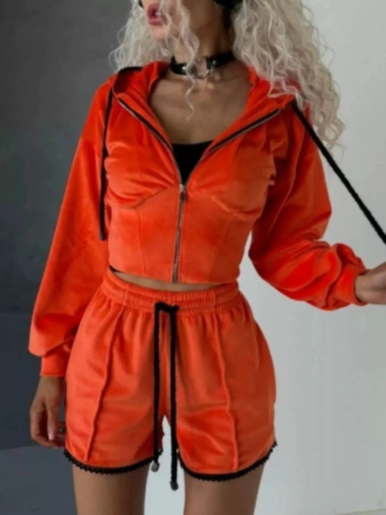 Zip Up Hooded Outerwear and Shorts Set, orange two-piece activewear with black drawstrings and trim.