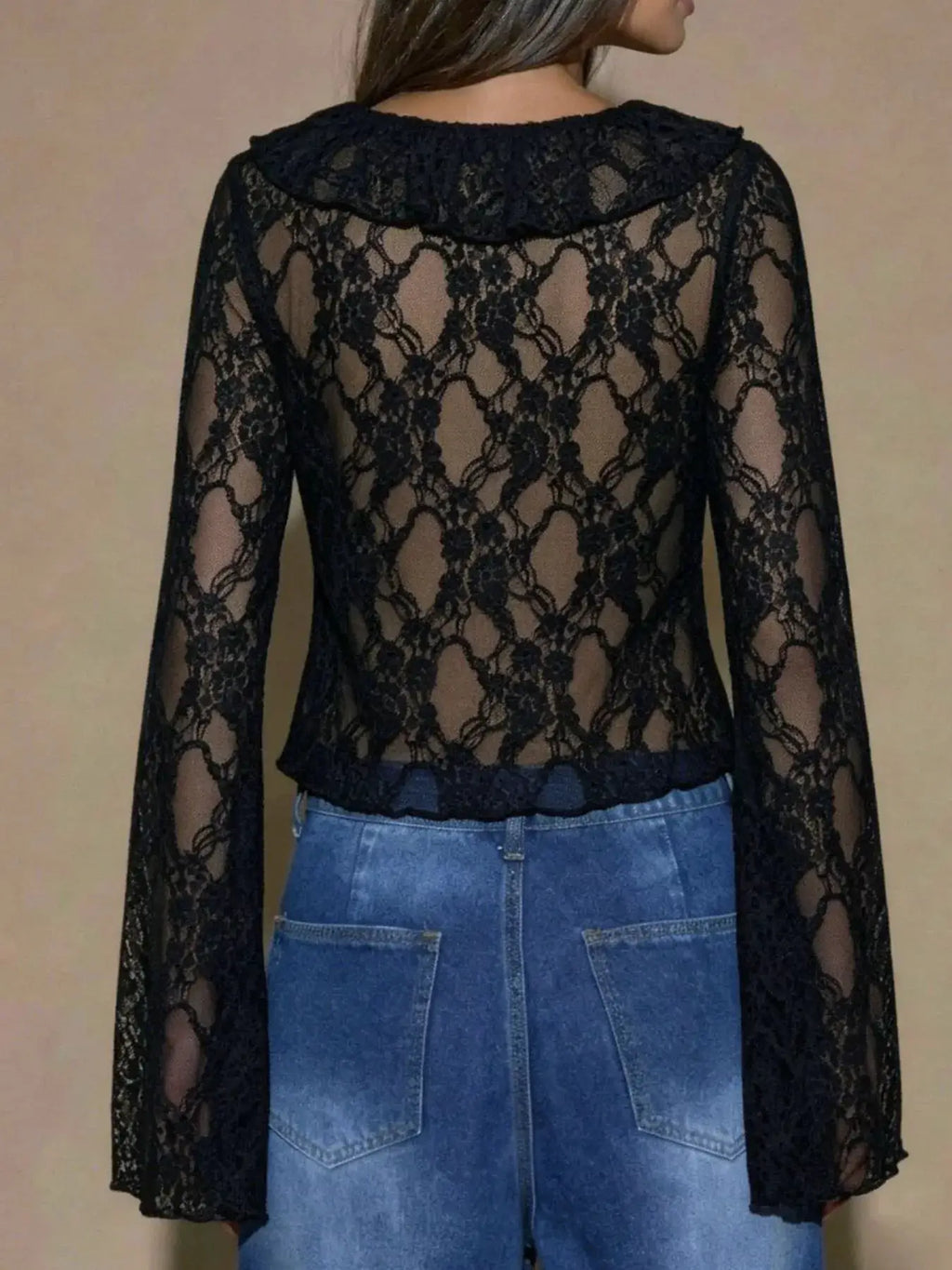 Trendsi Sheer Lace Ruffle Tie-Front Blouse in black lace, back view.