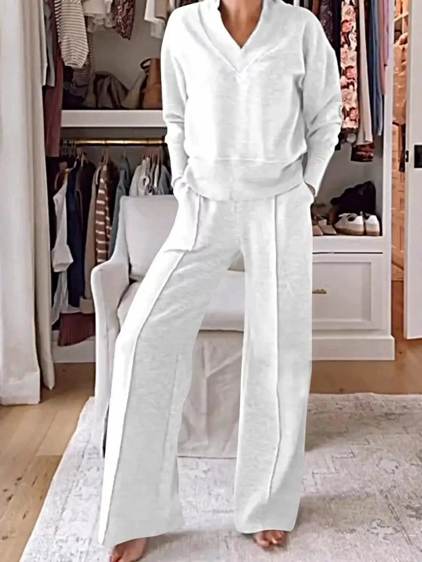 Full Size Cozy V-Neck Top and Pants Set, Belle Bijouix, plus size, white, pocketed loungewear