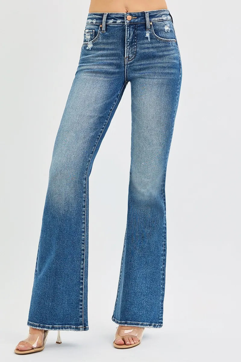 RISEN full-size tummy-control high-rise flare jeans plus size by Belle Bijouix, blue denim