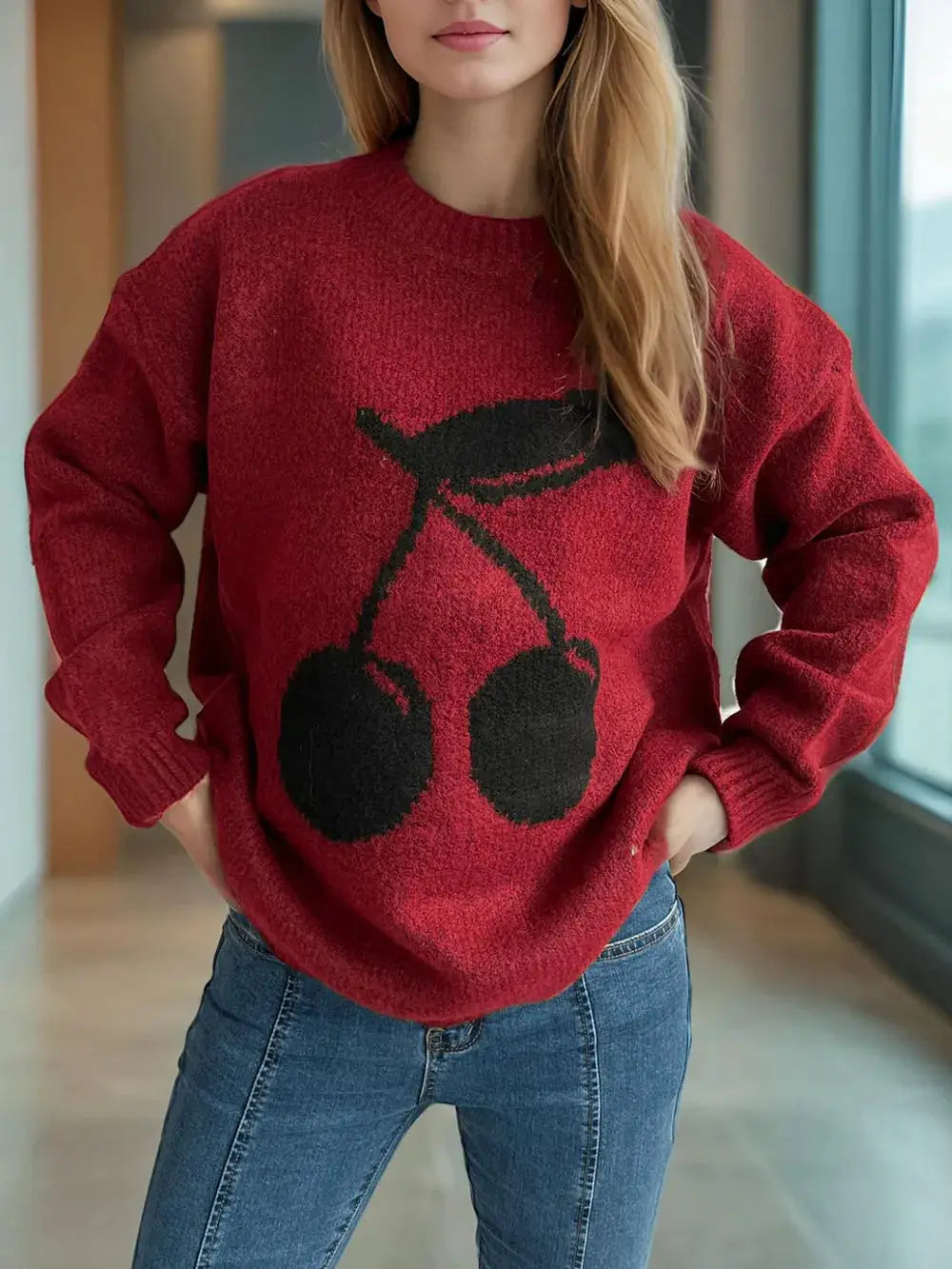 Cherry graphic red fuzzy knit round-neck sweater by Belle Bijouix.