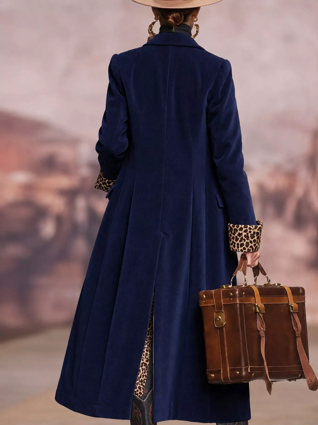Leopard-Lined Longline Coat in Navy Blue by Belle Bijouix – view 11 of 13