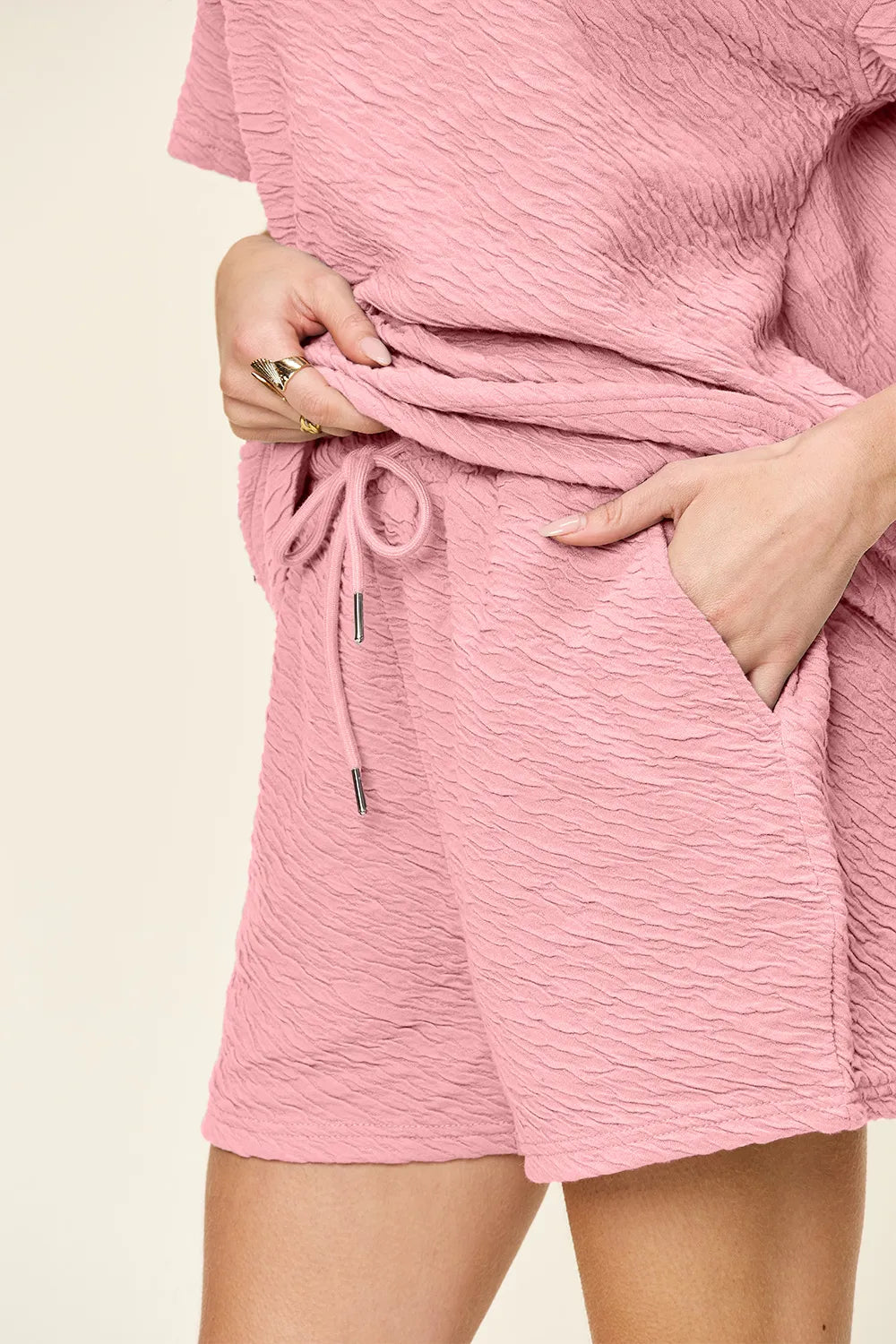 Double Take pink textured short-sleeve T-shirt and drawstring shorts loungewear set with pockets