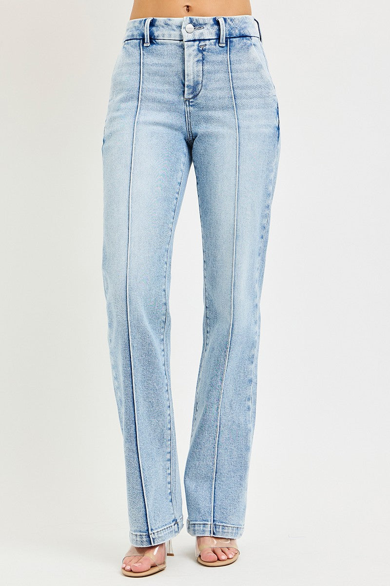 RISEN Tummy Control High Rise Straight Pin Tuck Jeans, light-wash denim by Trendsi
