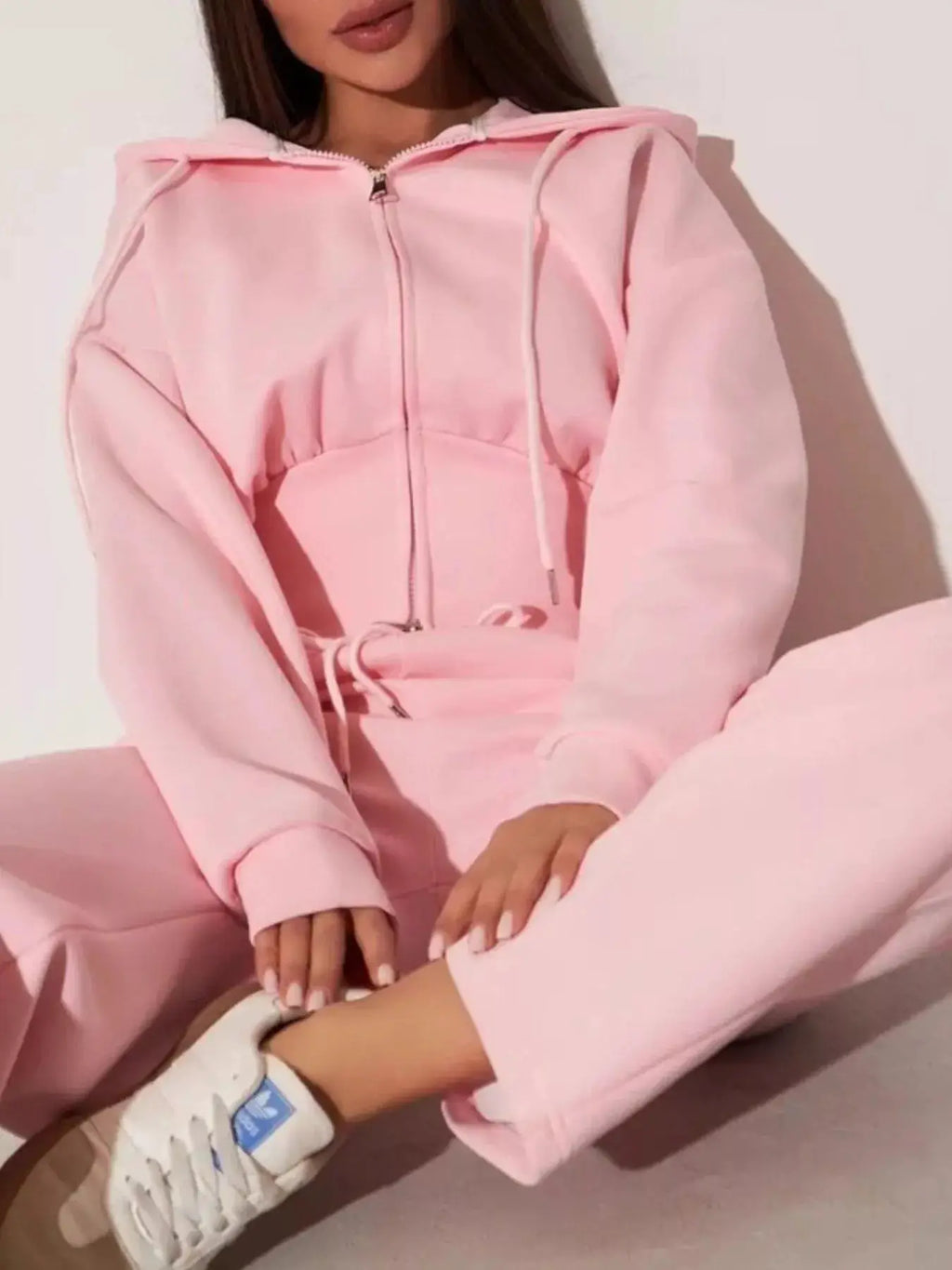 Zip-Up Hoodie & Wide-Leg Pants Set in pink with drawstrings, women's lounge wear