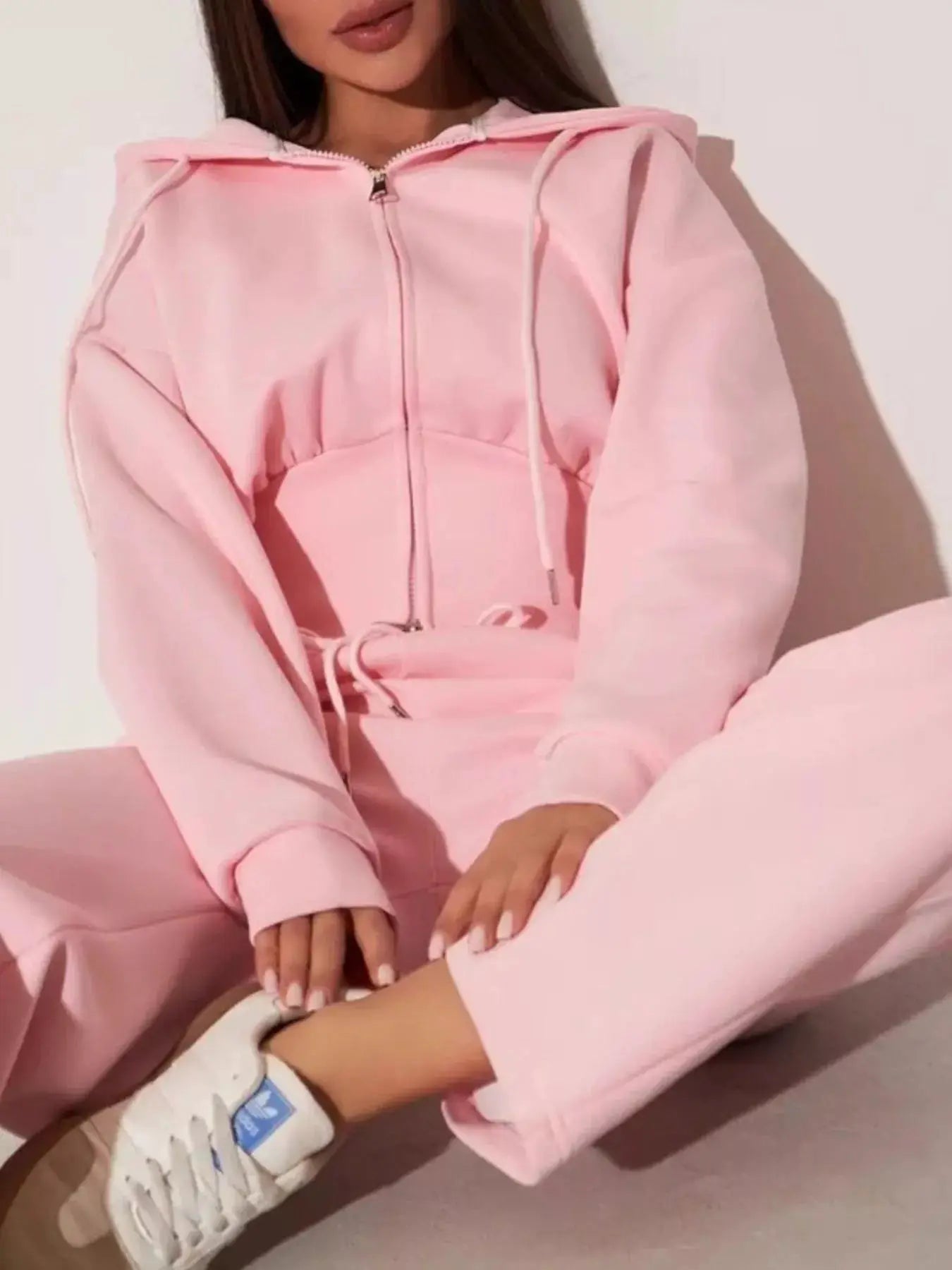 Zip-Up Hoodie & Wide-Leg Pants Set in pink with drawstrings, women's lounge wear
