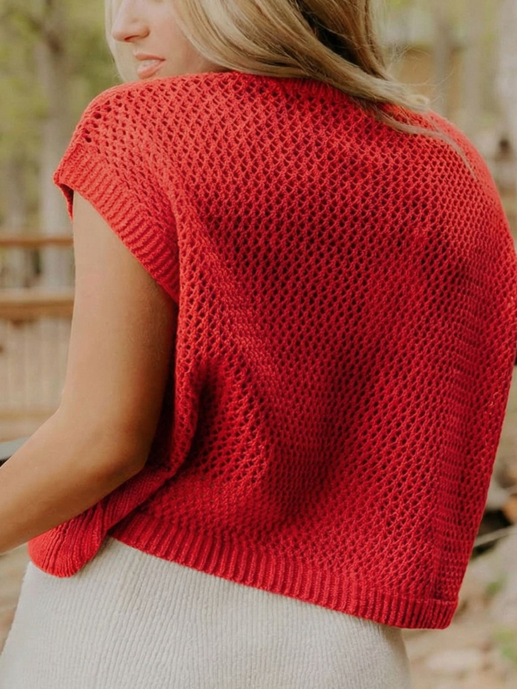 American Flag Knitted Short Sleeve Sweater, red open-knit with ribbed hem.