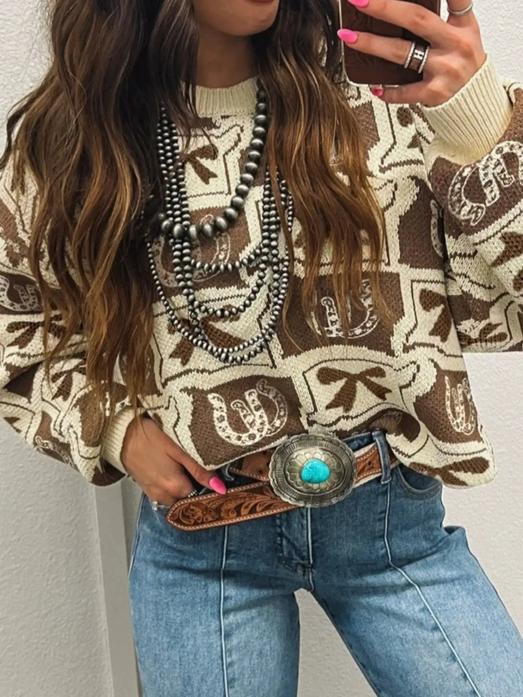 Graphic Round Neck Long Sleeve Sweater in beige-brown knit pattern