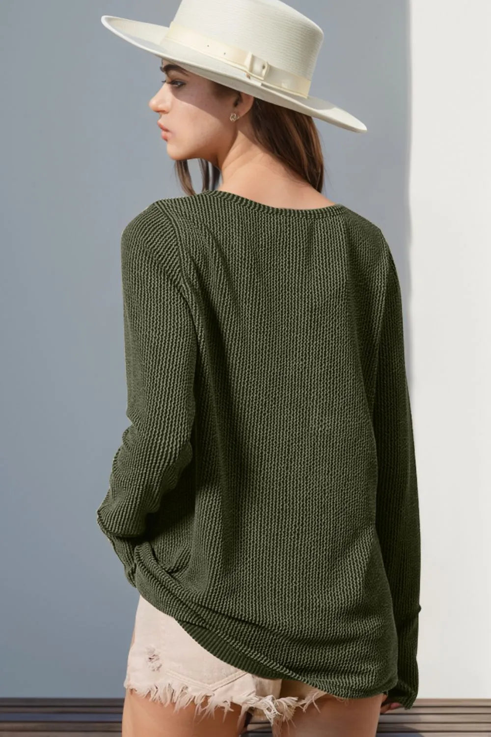 Double Take full-size notched-thumbhole long-sleeve knit top in olive green