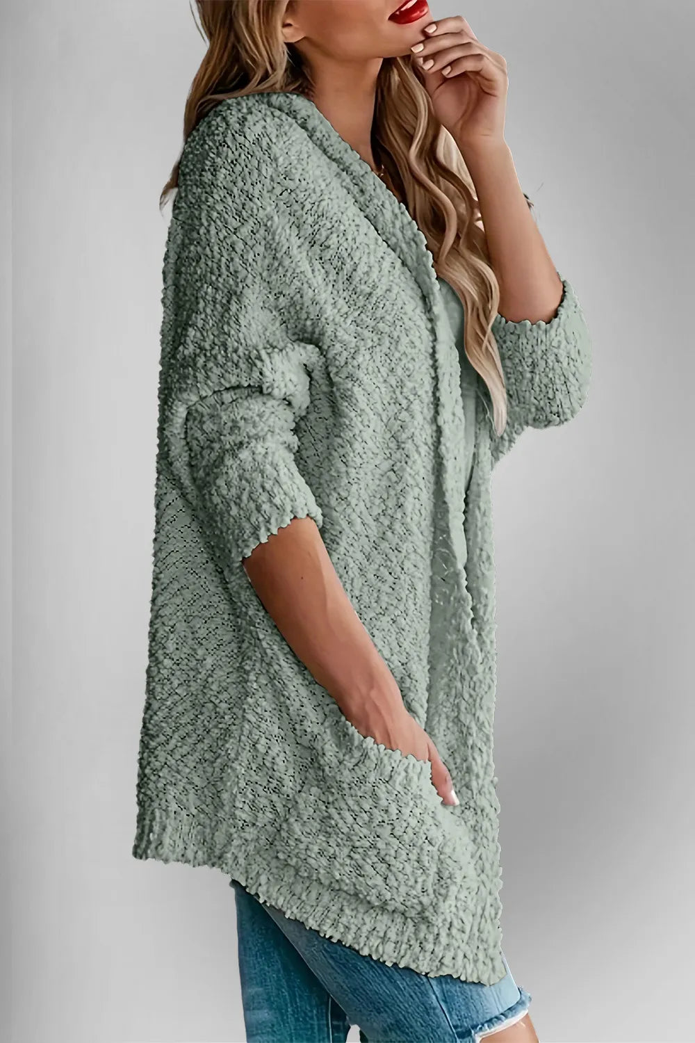 Double Take pocketed open-front cardigan by Belle Bijouix, sage green teddy-knit sweater with pockets.