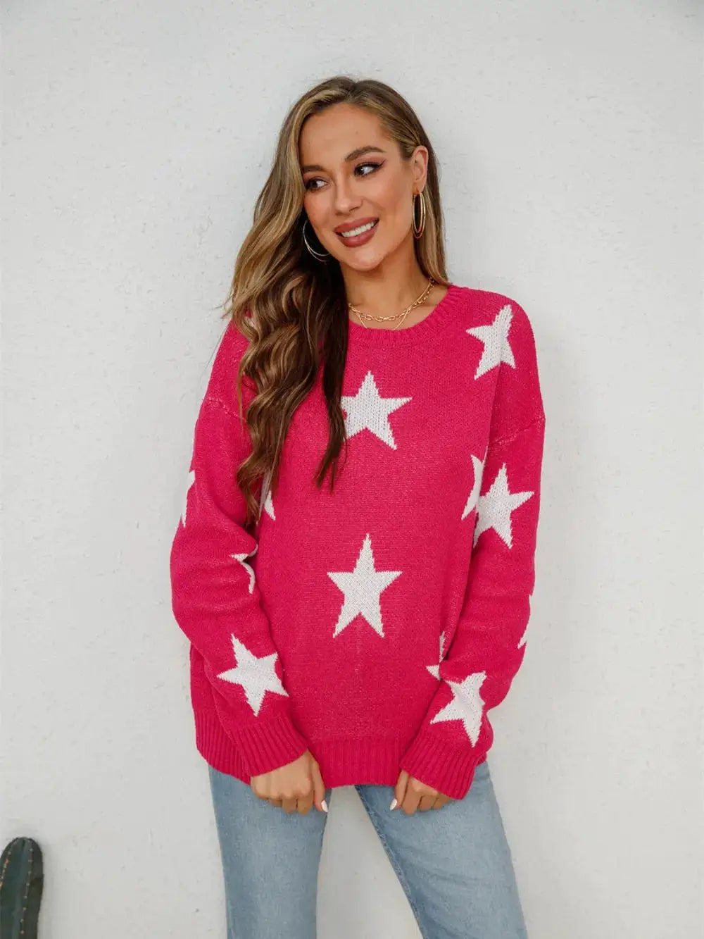 Angel Wings Star Round Neck Dropped Shoulder Sweater pink knit top with white stars