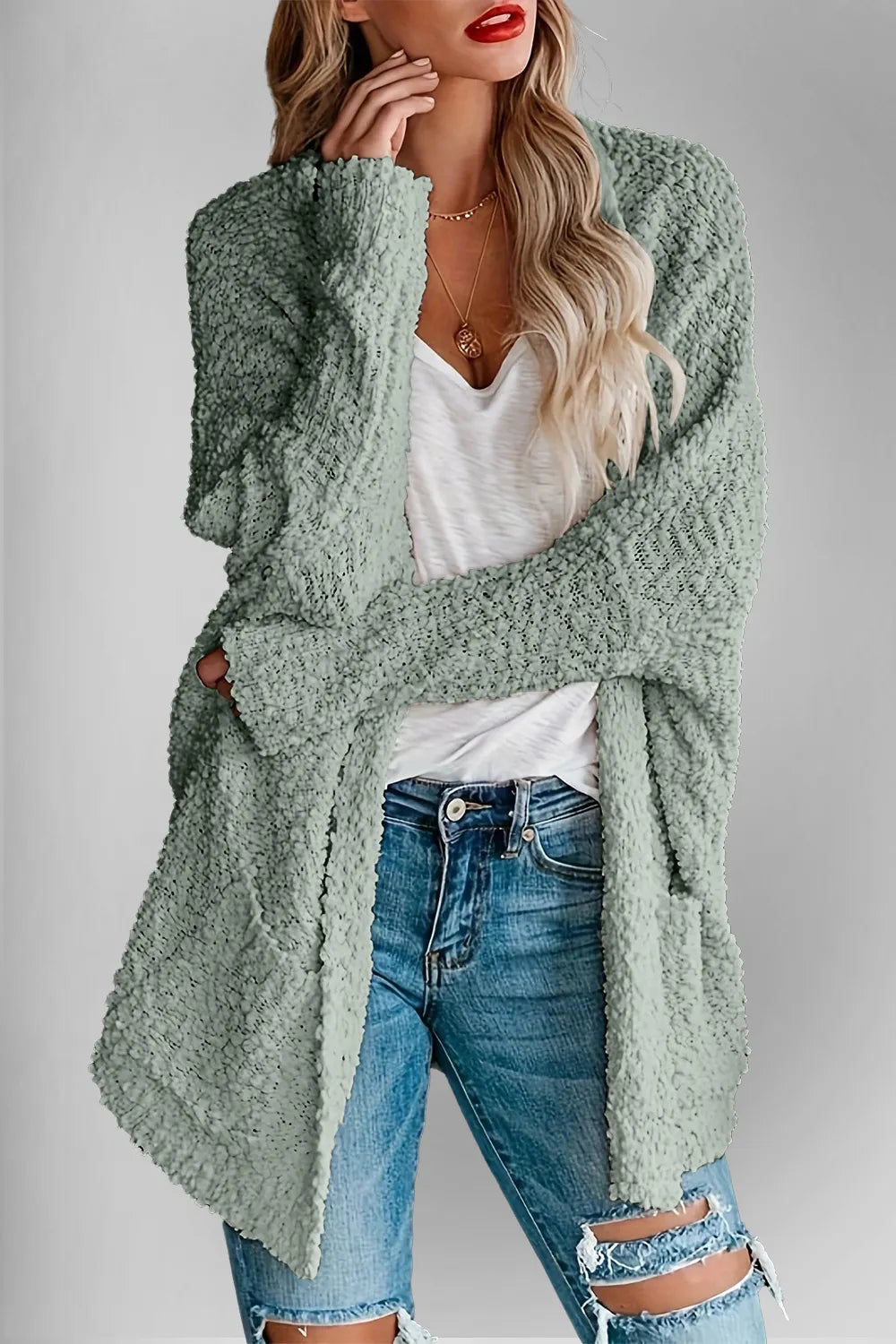 Double Take pocketed open-front cardigan in sage-green fluffy knit by Belle Bijouix.