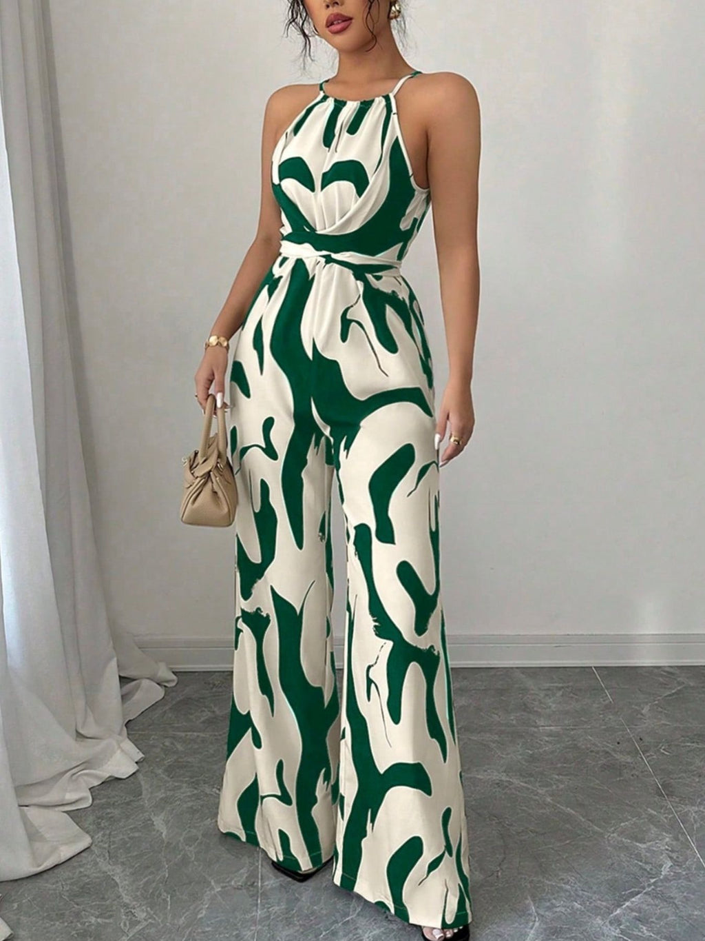 Abstract Print Sleeveless Wide-Leg Jumpsuit by Bellebijouix in cream and green.