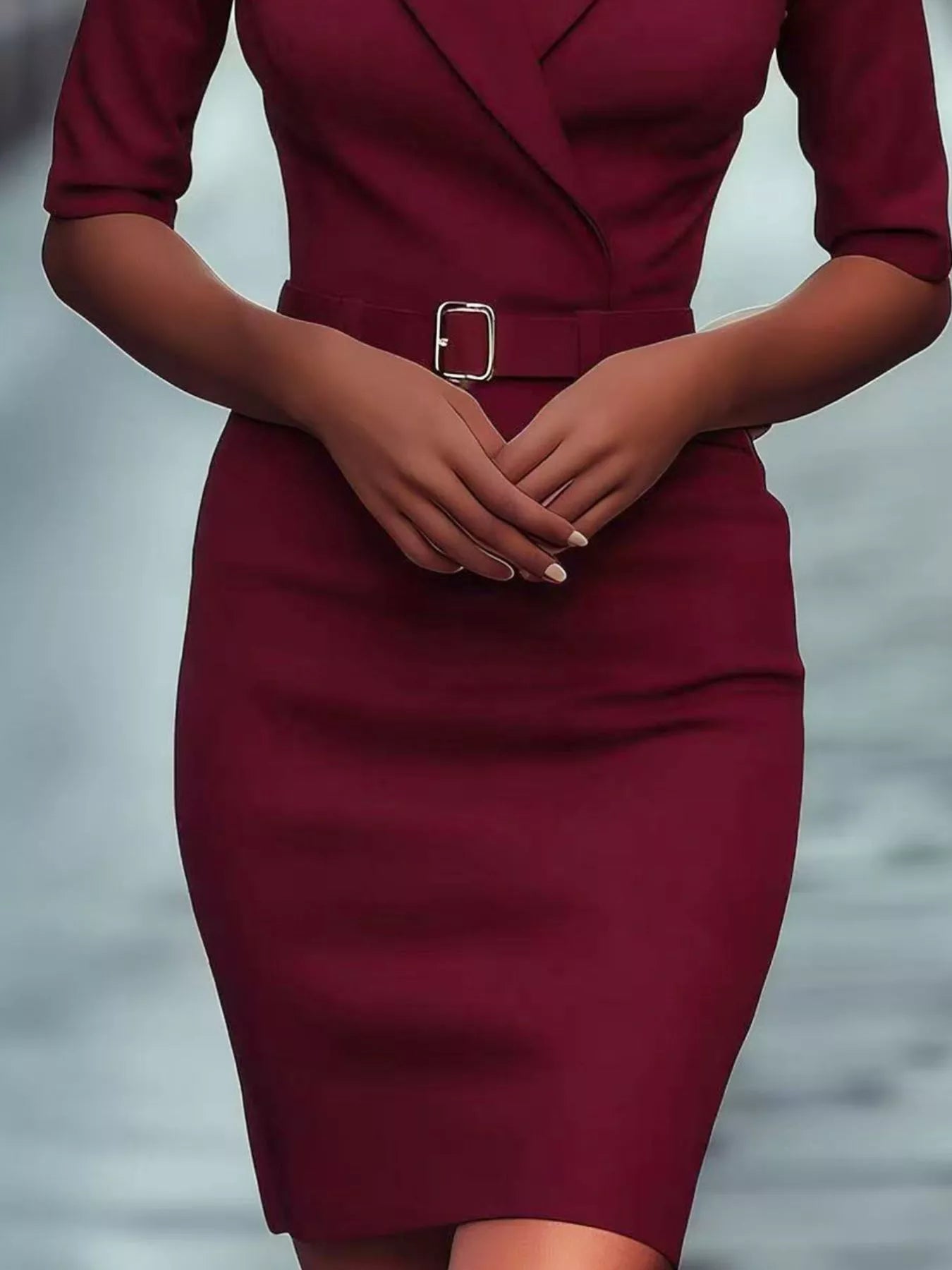 Surplice Half Sleeve Dress by Belle Bijouix, burgundy belted style