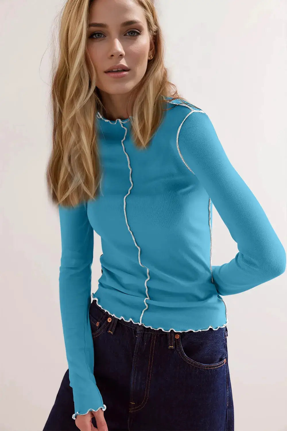 Basic Bae contrast trim mock-neck long-sleeve T-shirt in bright blue with white piping along seams and hem.