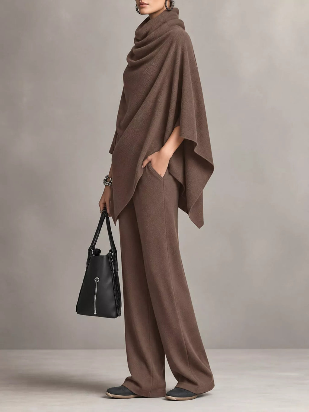 Turtleneck Poncho & Wide-Leg Pants Set in Light Coffee by Belle Bijouix – view 6 of 24