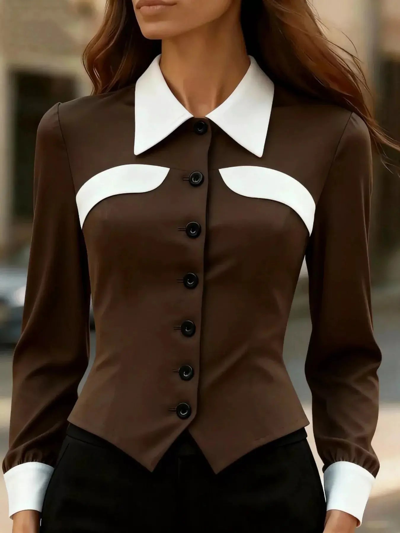 Contrast-button-down shirt in brown with white collar and curved white chest panels, Belle Bijouix.