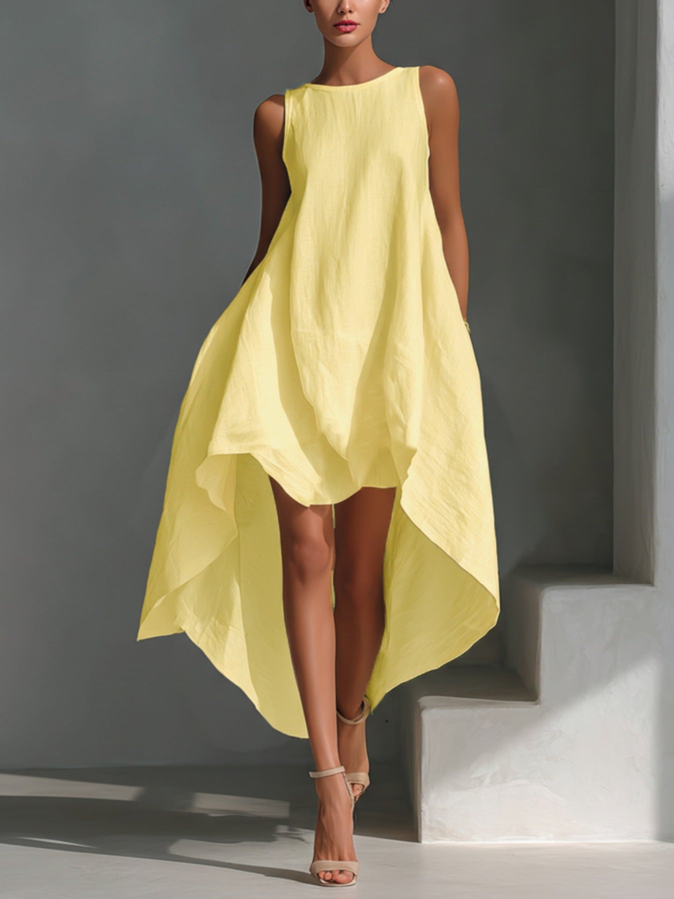 Sleeveless high-low dress in pale yellow with a flowy silhouette