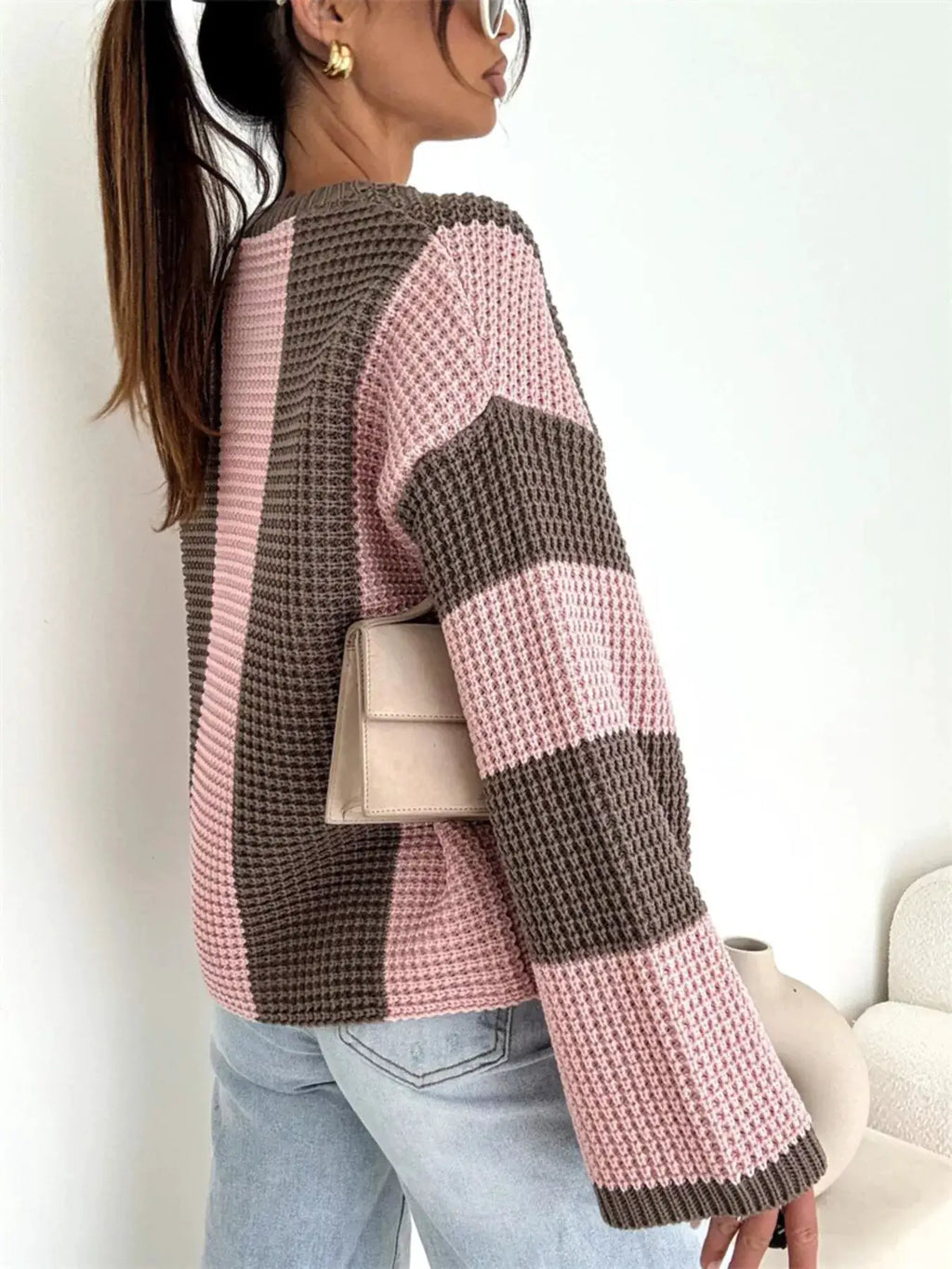 Color Block Long Sleeve Sweater, oversized knit in pink and brown blocks