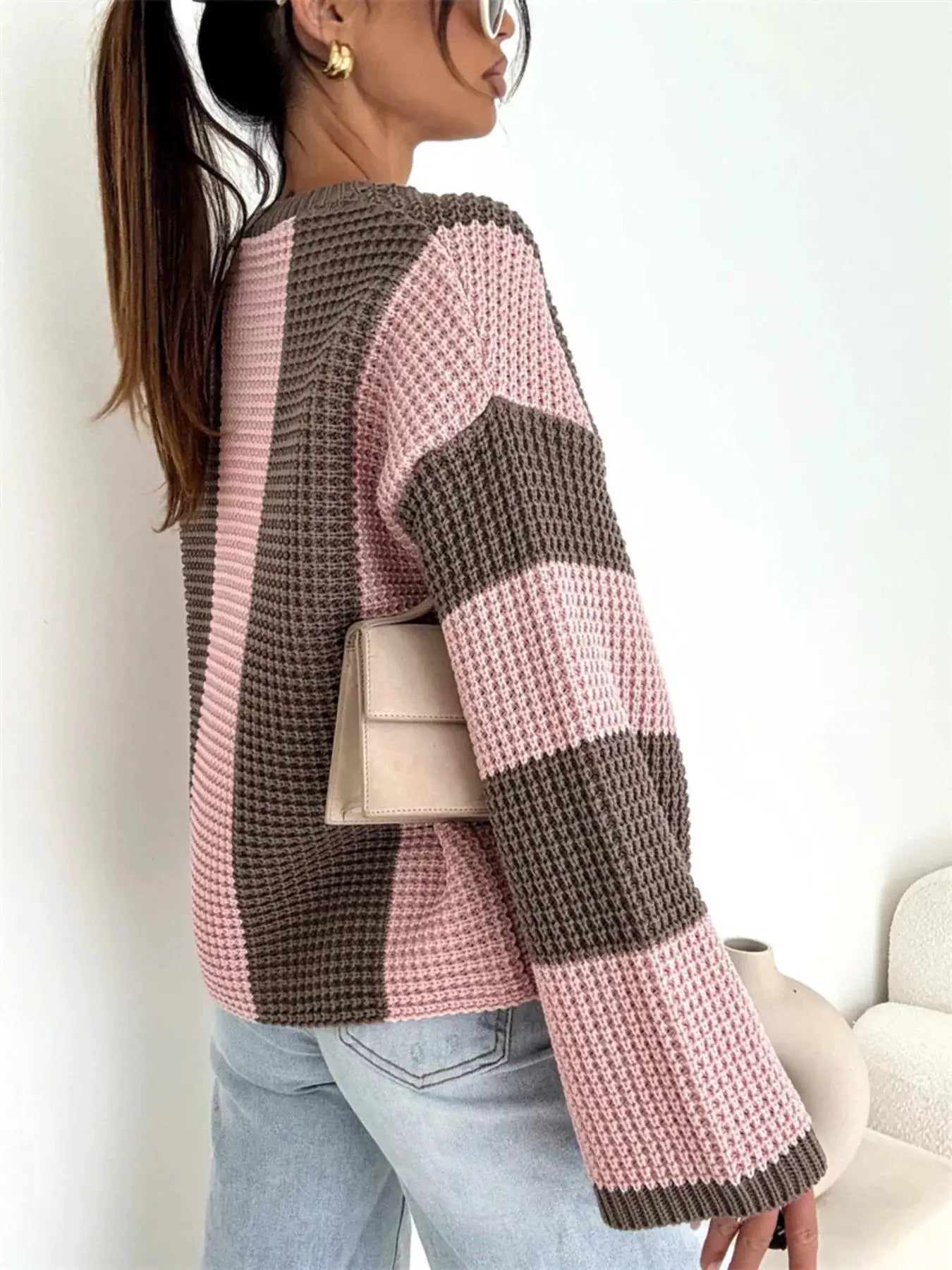 Color Block Long Sleeve Sweater, oversized knit in pink and brown blocks