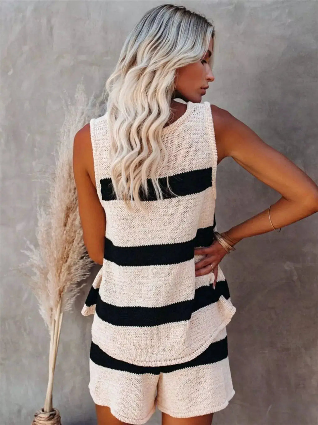 Striped knit tank and shorts set in cream and black; sleeveless, lightweight knit fabric
